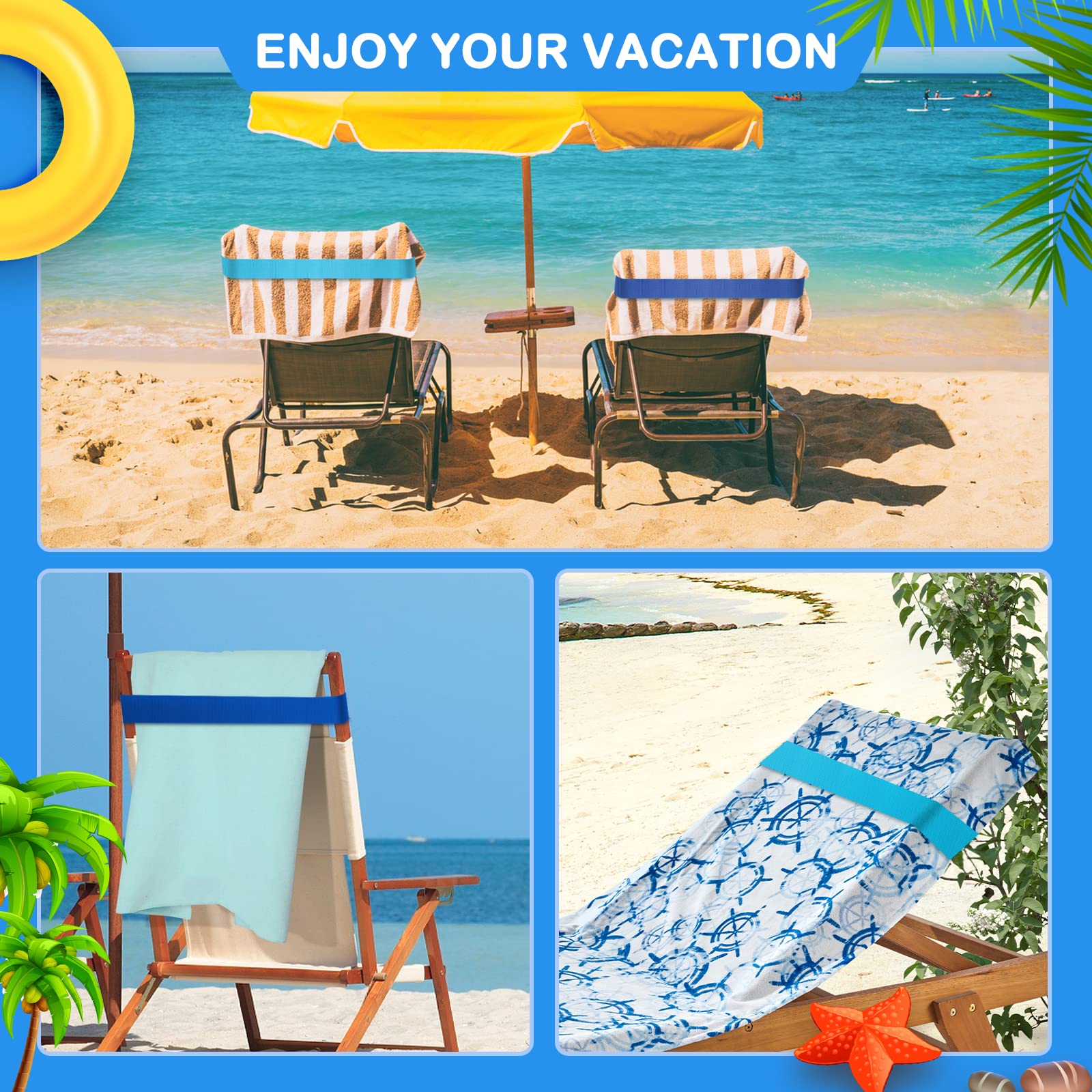 4 Pack Premium Towel Bands for Beach, Pool & Cruise Chairs - Strong Towel Clips & Holders for Securing Beach Towels - Perfect for Vacation, Swimming & Outdoor Relaxation