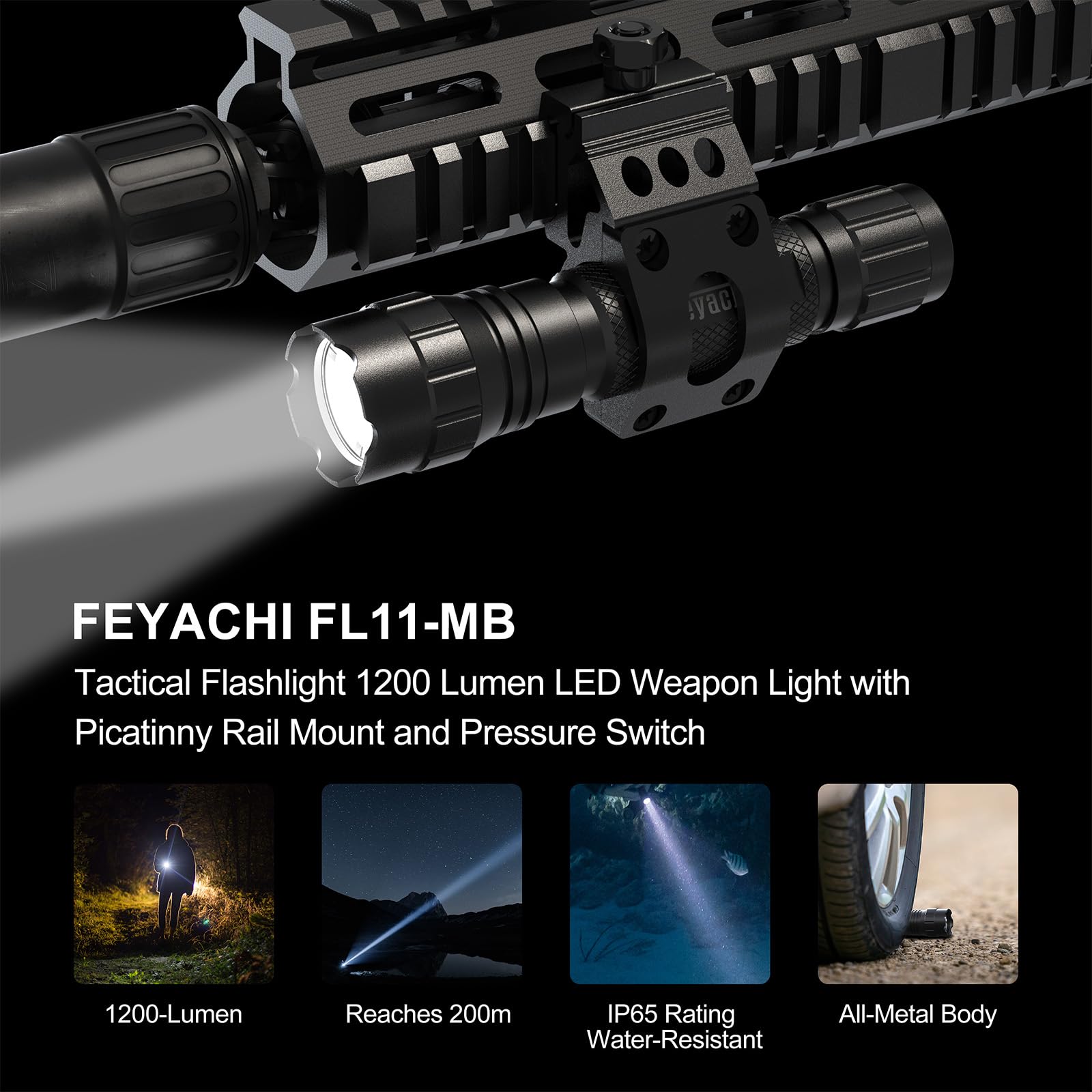 Feyachi 1200 Lumen Tactical Flashlight - LED Weapon Light with Picatinny/M-LOK Rail Mount & Pressure Switch - Perfect for Hunting, Camping, and Home Defense
