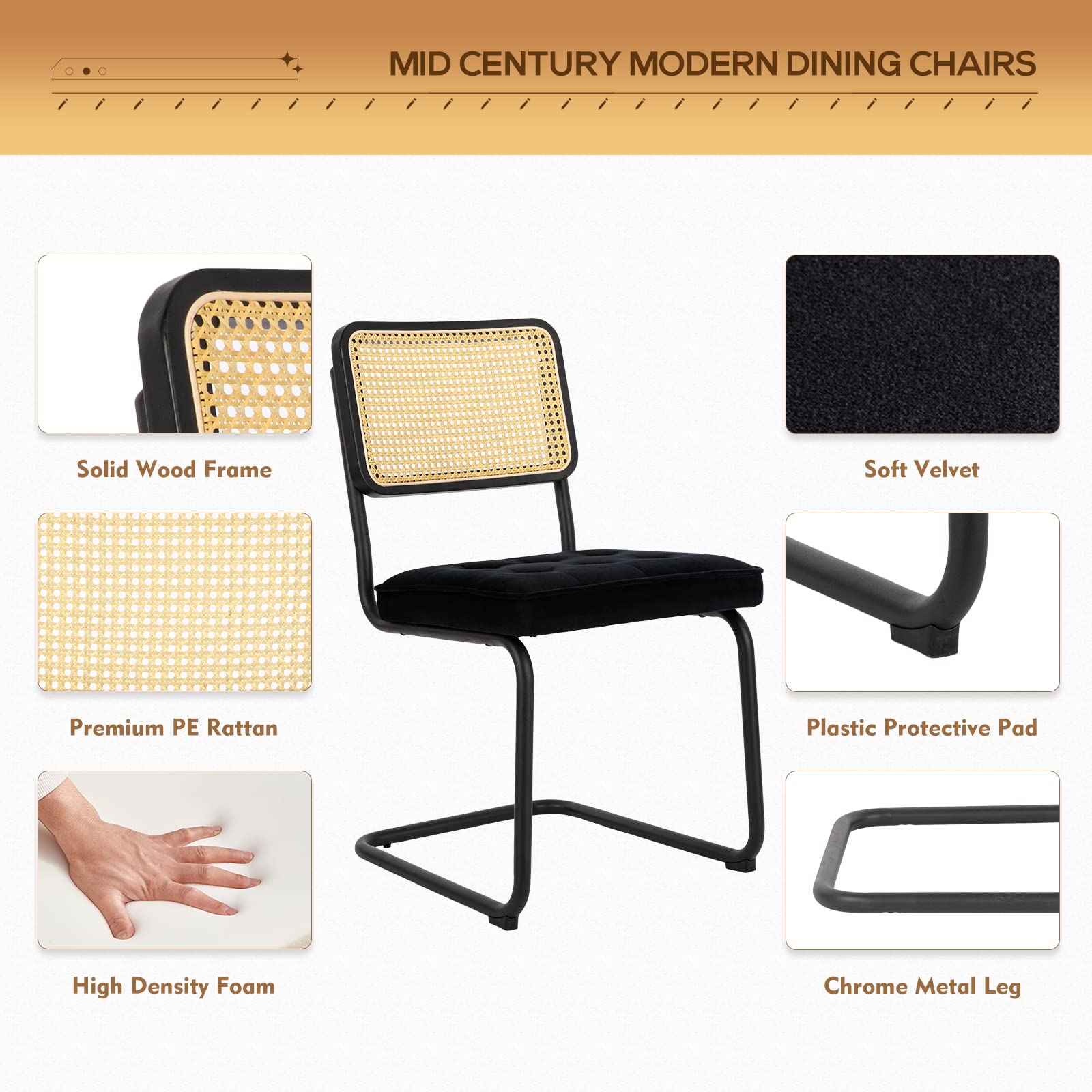 COLAMY Mid Century Modern Dining Chairs Set of 4 - Velvet Upholstered Rattan Chairs with Chrome Metal Legs for Kitchen, Dining Room, Living Room | Elegant Home Decor for Entertaining & Daily Use