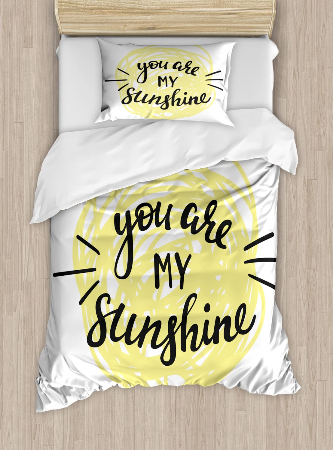 Ambesonne Modern Love Words Duvet Cover Set - Hand Drawn Circle Scribbles Adoration Romance Print, 2 Pack Cal King Size Bedding Set with 2 Duvet Covers & 4 Pillowcases, Pale Yellow & Black - Perfect for Romantic Bedrooms, Couples Gift & Cozy Home Decor