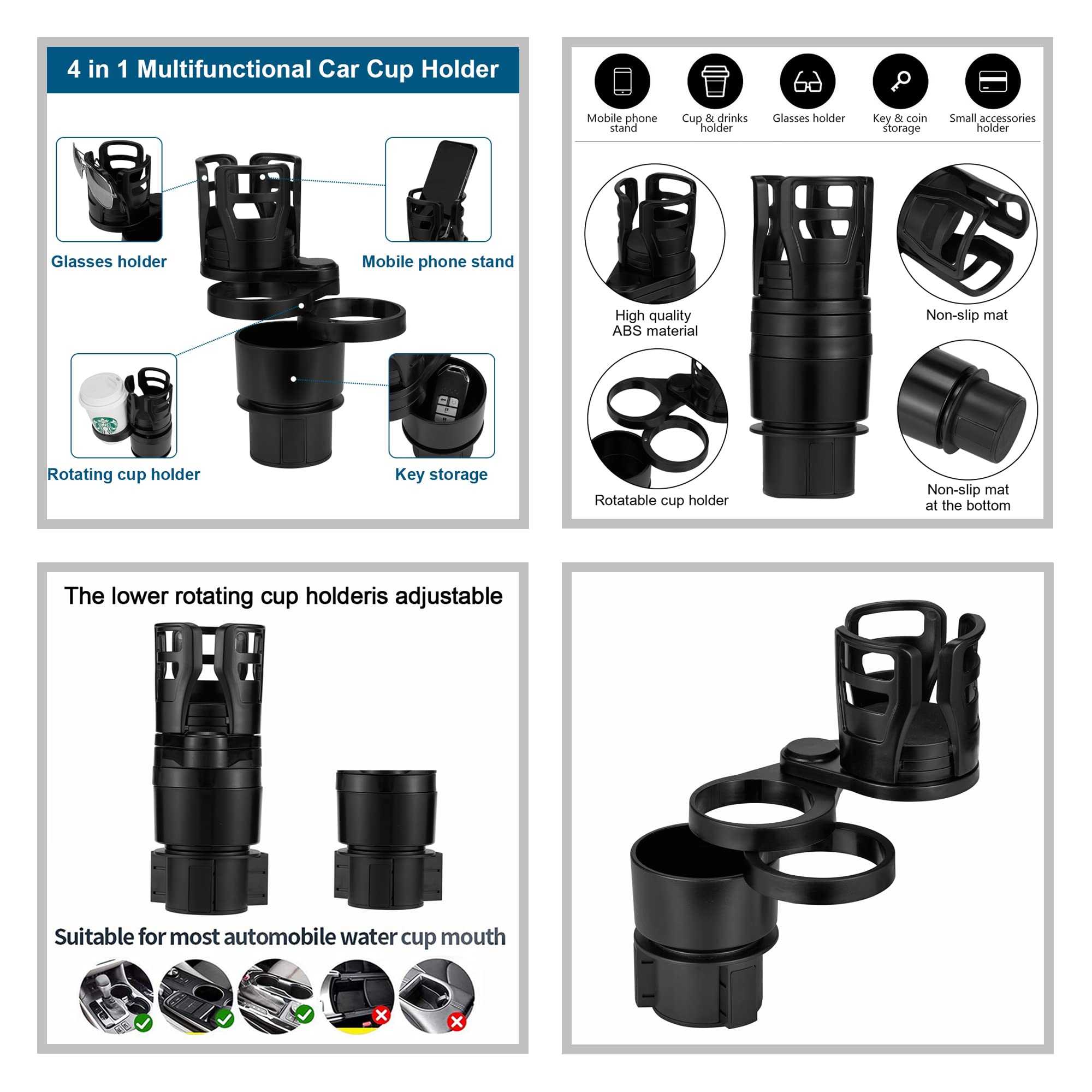 4 in 1 Car Cup Holder Extender - Multifunctional Car Organizer for Drinks, Bottles & Cups - Universal Vehicle Interior Accessories - Perfect for Road Trips, Commuting & Family Travel