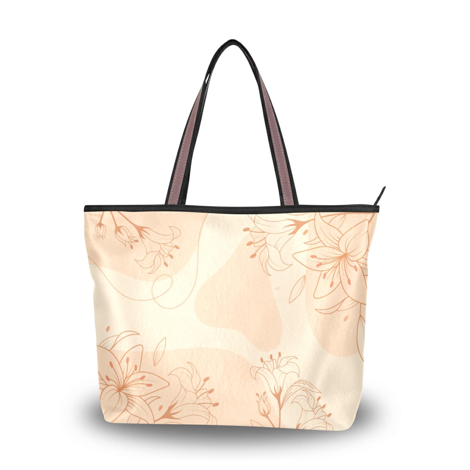 Beige Floral Tote Bag for Women - Large Capacity Zippered Grocery Purse with 2 Size Options | Aesthetic Everyday Bag for Shopping, Work & Travel
