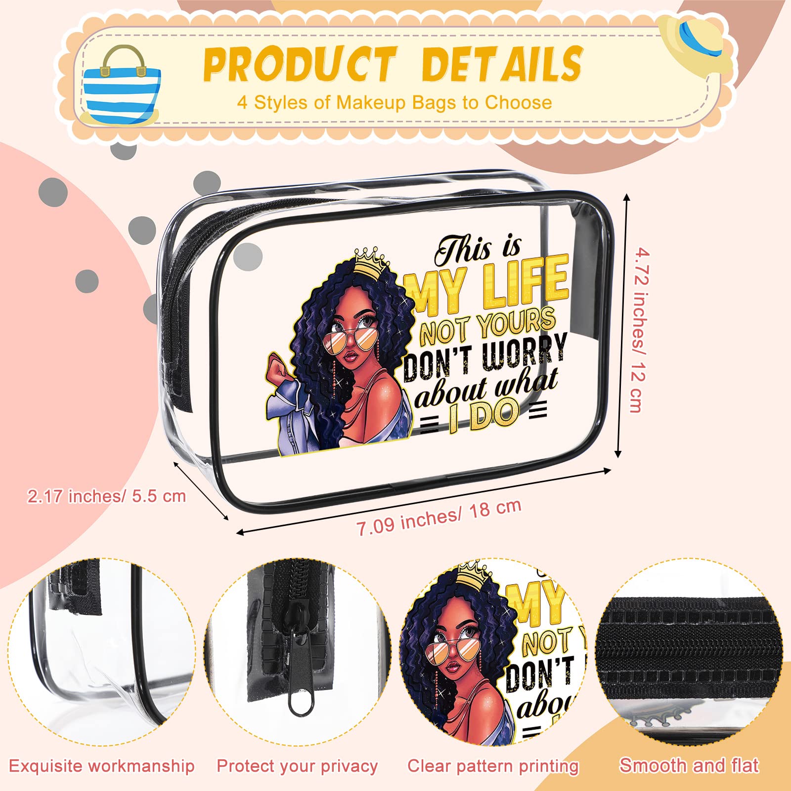 Sweetude 4-Piece African American Makeup Bag Set - Waterproof Travel Toiletry Organizer with Zipper, Funny Inspirational Cosmetic Pouches for Black Women | Perfect for Travel, Gym, Work & Daily Essentials Storage