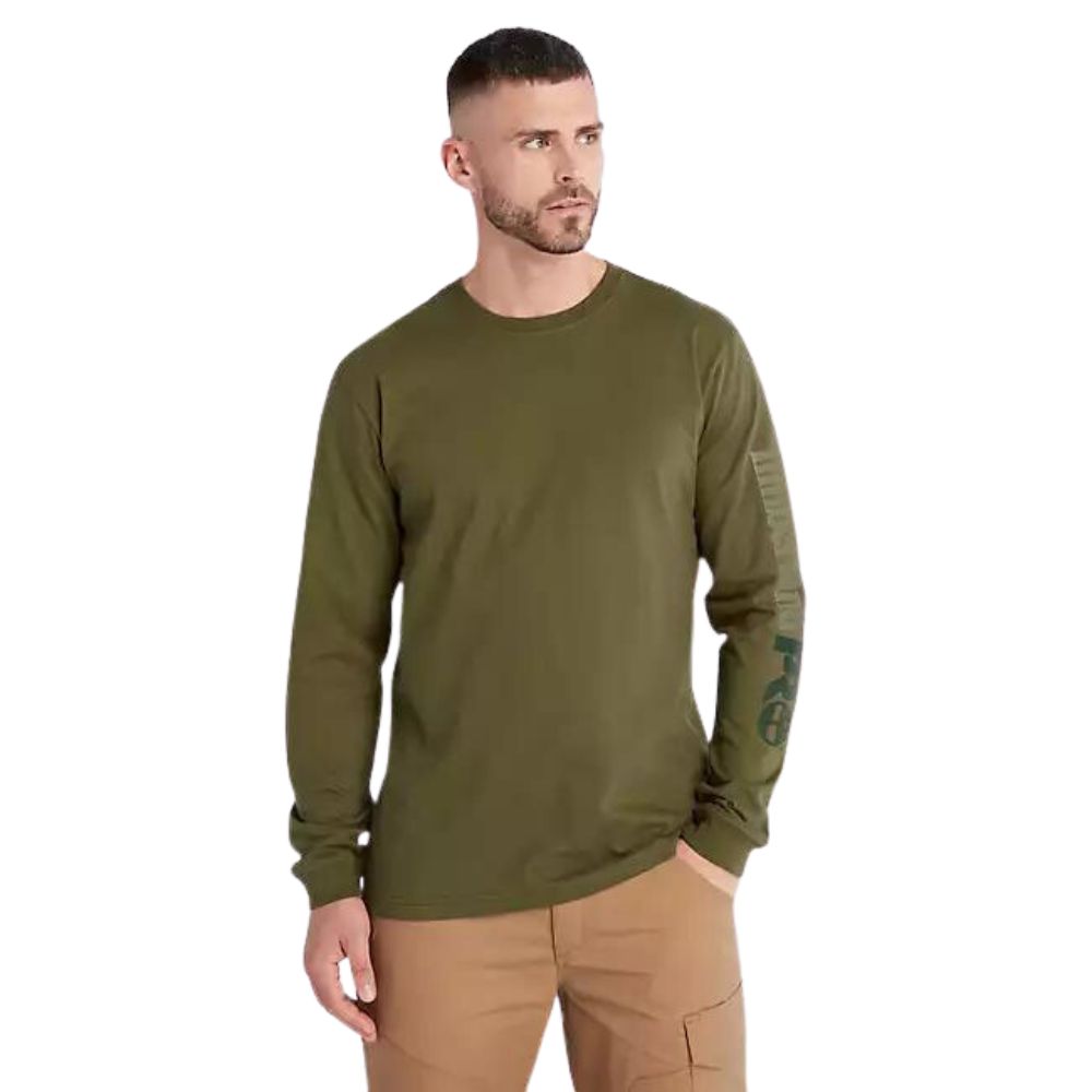 Timberland PRO Men's Core Logo Long Sleeve T-Shirt - Olive Green Workwear Shirt for Construction & Outdoor Activities | Comfortable Cotton Tee for Job Sites & Casual Wear