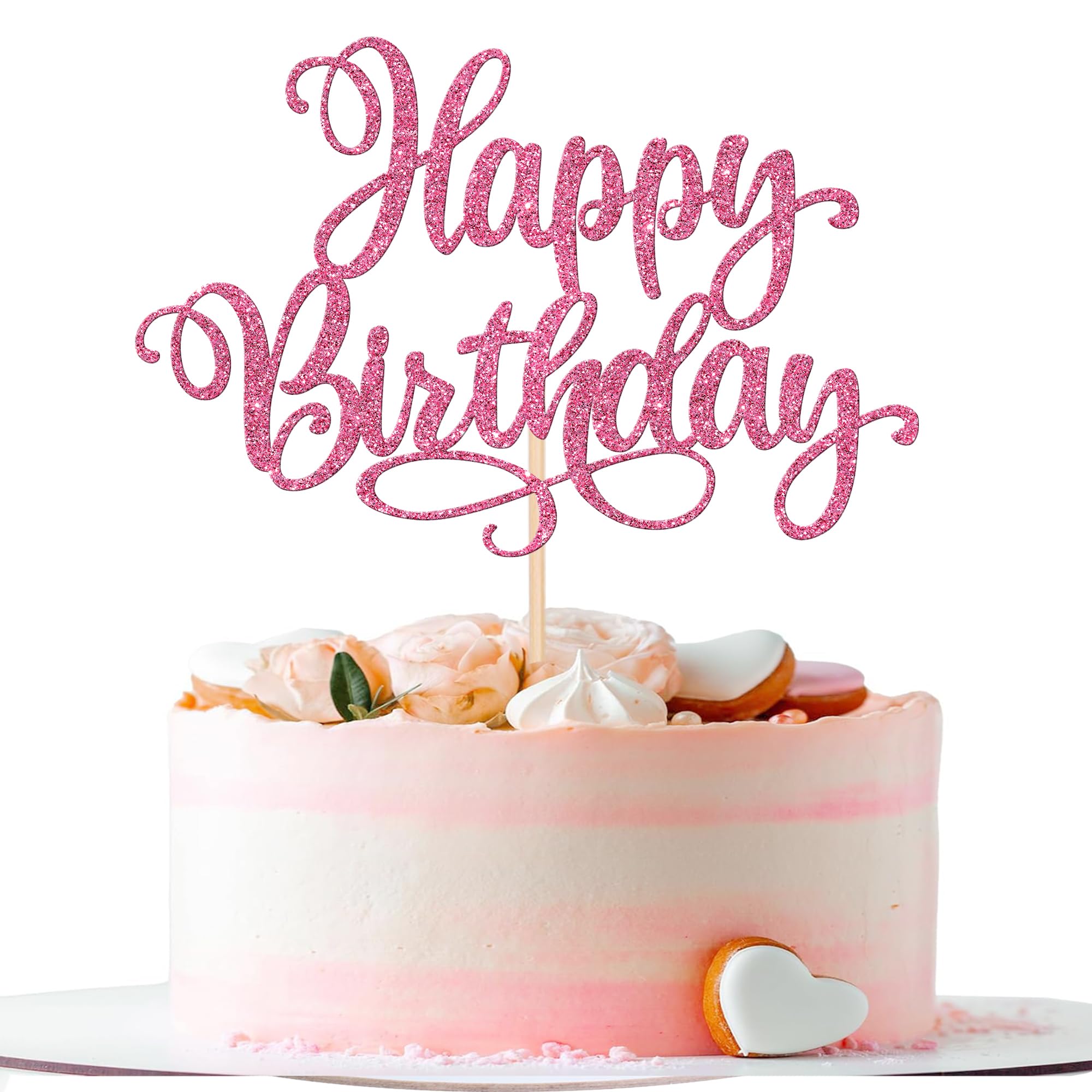 1 PCS Glitter Happy Birthday Cake Topper - Pink Cake Decorations for Birthday Party, Anniversary Celebration, Wedding, Baby Shower & Special Events (Perfect for Cupcakes, Desserts and Festive Occasions)