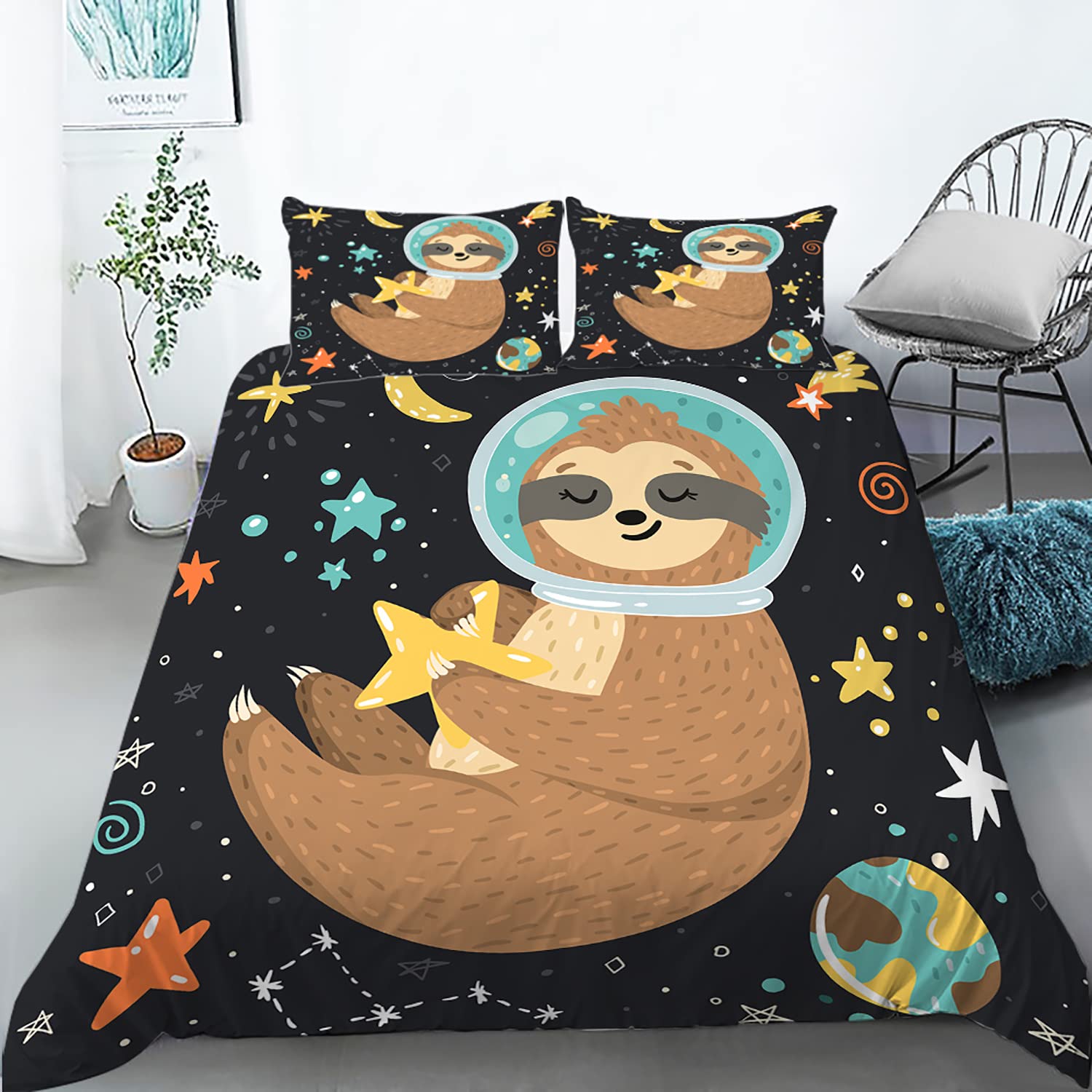 Cartoon Sloth Duvet Cover Set King Size - 3 Piece Bedding Set with 1 Quilt Cover & 2 Pillowcases for Kids, Boys & Girls - Soft Printed Sloth Pattern Comforter Cover - Perfect for Kids' Bedrooms, Dorm Rooms & Cozy Sleepovers