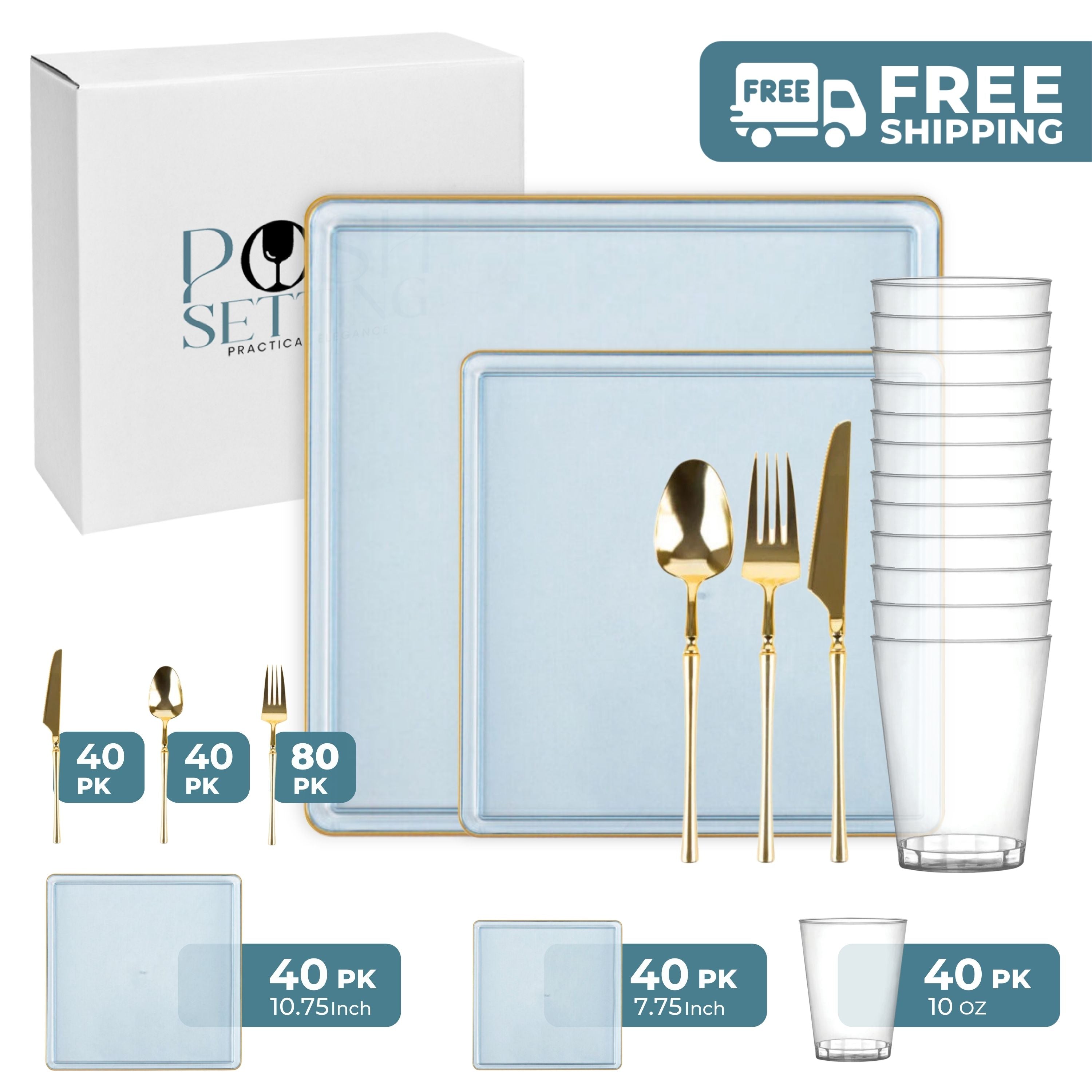 Blue and Gold Plastic Party Bundle - Square Edge Party Plates, Cups & Napkins for Birthday, Wedding & Holiday Celebrations