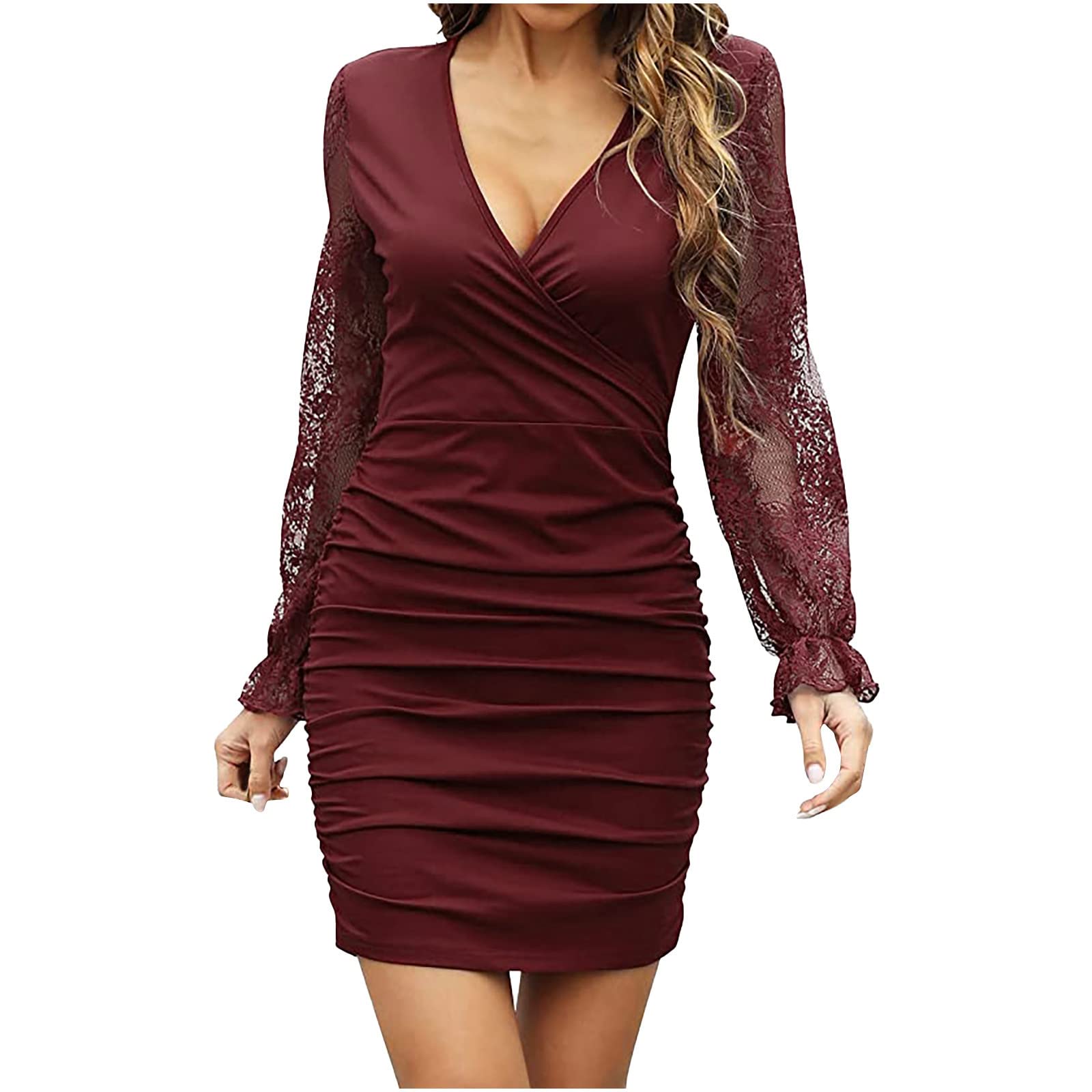 Sexy Lace Long Sleeve V-Neck Bodycon Bridesmaid Dress for Women - Summer Wedding Guest Dress, Cocktail Party Dress, Formal Occasions & Special Events