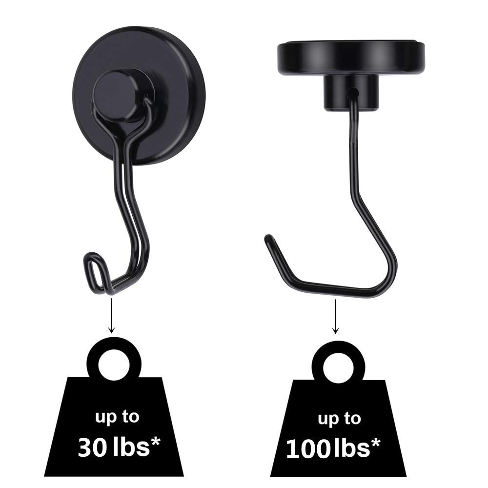 100LB Heavy Duty Neodymium Magnetic Hooks - 6 Pack Black with Rubber Scratch-Resistant Base for Cruise, Refrigerator, Kitchen, Garage & Outdoor Hanging | Strong Rare Earth Magnets for Organizing Tools, Keys & Decor