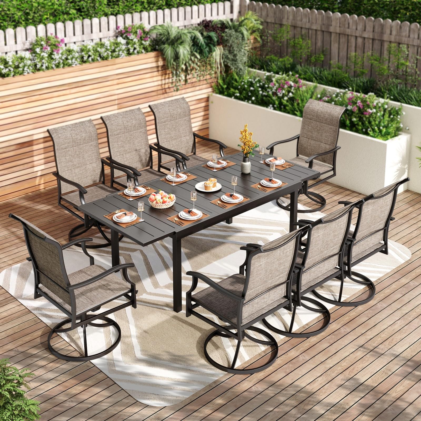PHI VILLA 9-Piece Outdoor Patio Dining Set with Extendable Metal Table & 8 High-Back Swivel Chairs - Perfect for Garden, Lawn, Backyard & Poolside Entertaining