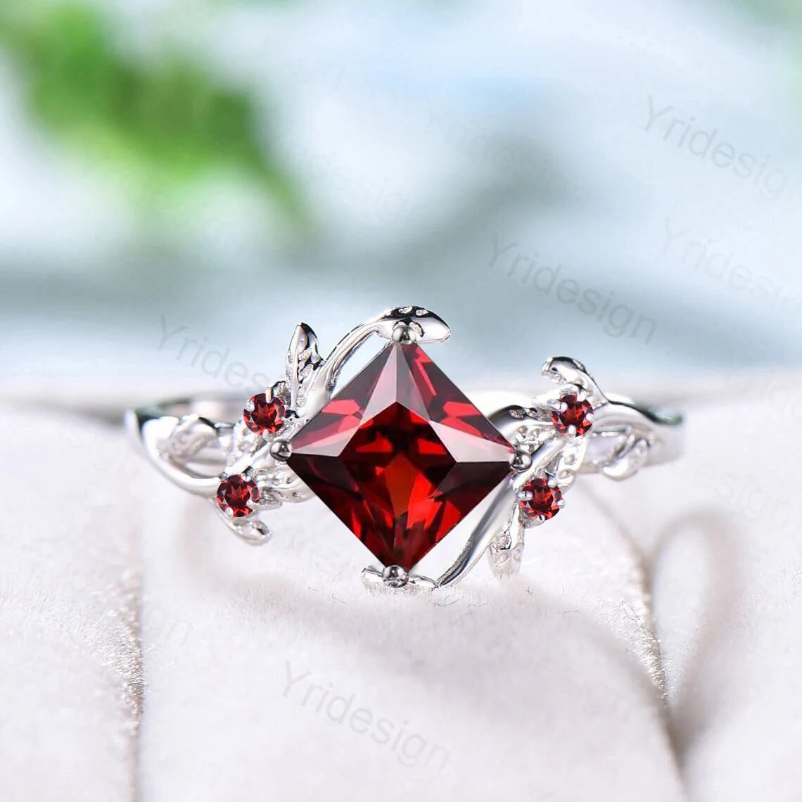 Natural Garnet Leaf Cluster Ring for Women - January Birthstone Jewelry, Unique Branch Engagement Ring, Wedding Proposal Gift - Perfect for Nature-Inspired Weddings & Special Occasions