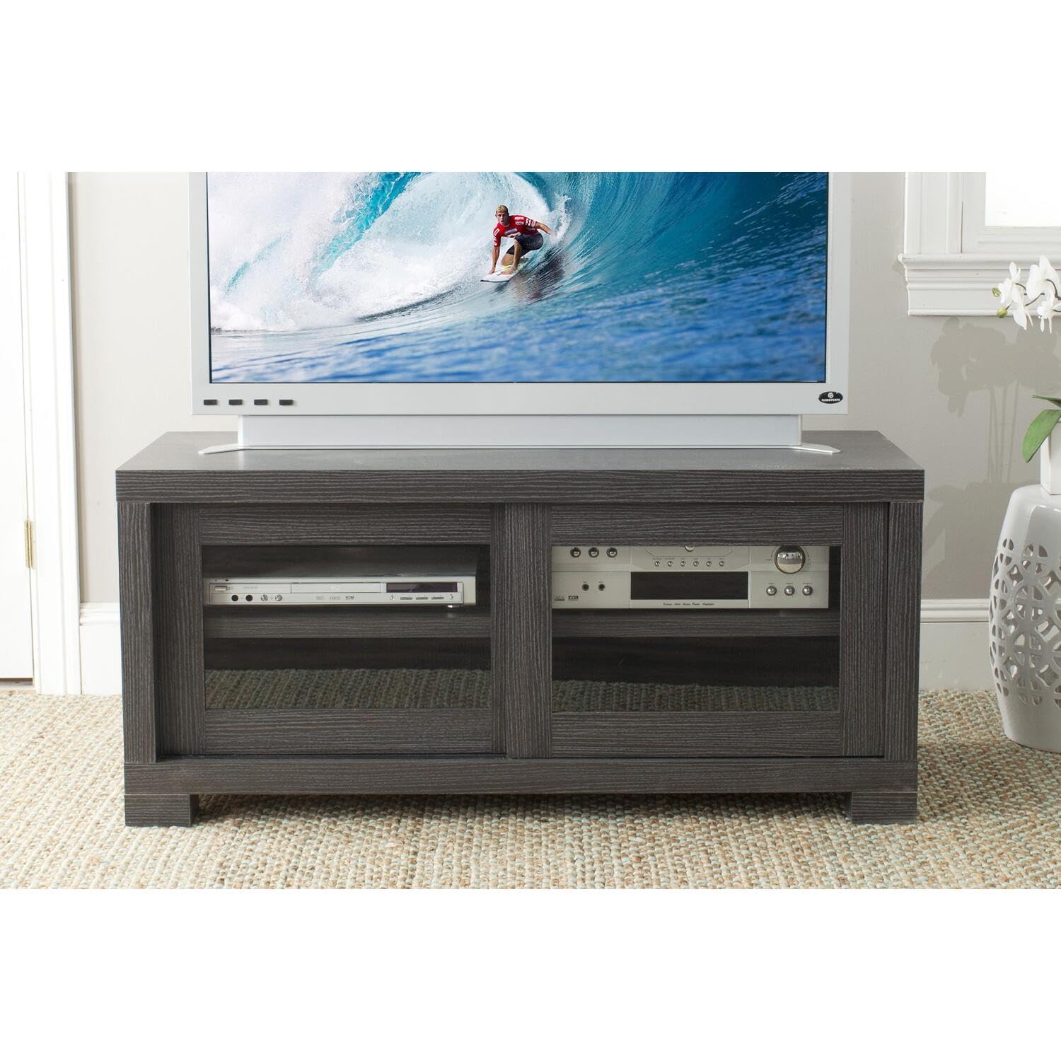 SAFAVIEH Davis Sliding Door TV Stand Cabinet - Modern Entertainment Center for Living Room, Bedroom & Home Theater Storage