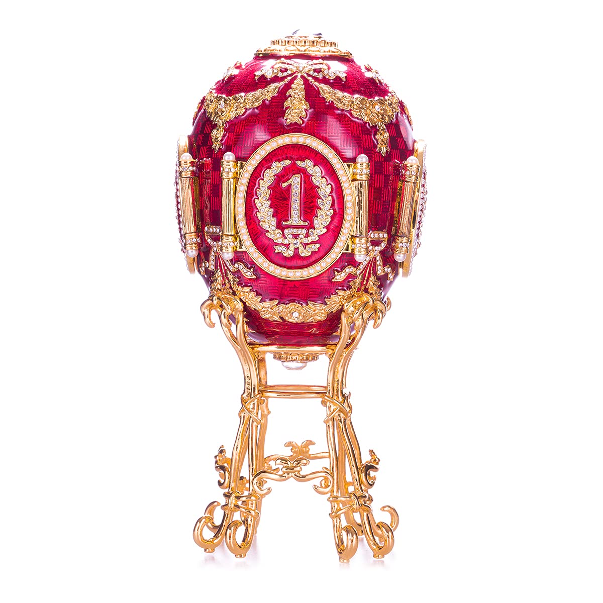 Danila-Souvenirs Faberge Style Caucasus Egg Jewelry Box with Photo Frames - 7.2 Inch (18 cm) Red Handmade Trinket Box - Perfect for Gift Giving, Home Decor & Jewelry Storage