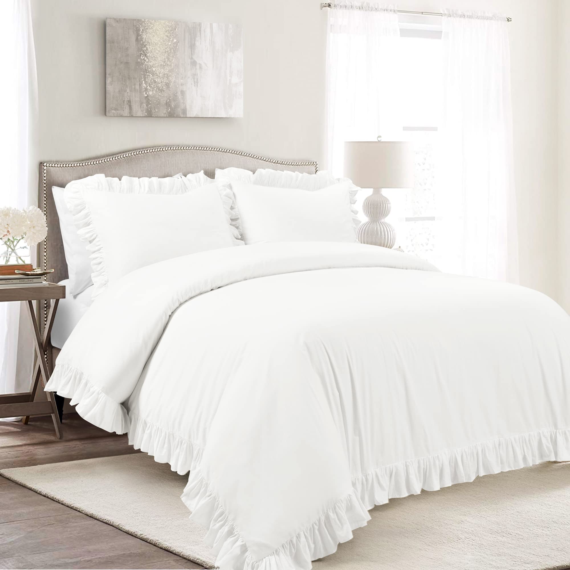 Lush Decor Reyna Ruffle 100% Cotton Duvet Cover Set - 3 Piece Cozy Ruffled Bedding Set for Full/Queen Size - Timeless Elegance & Comfort in Pure White - Perfect for Master Bedrooms, Guest Rooms & Cozy Home Decor