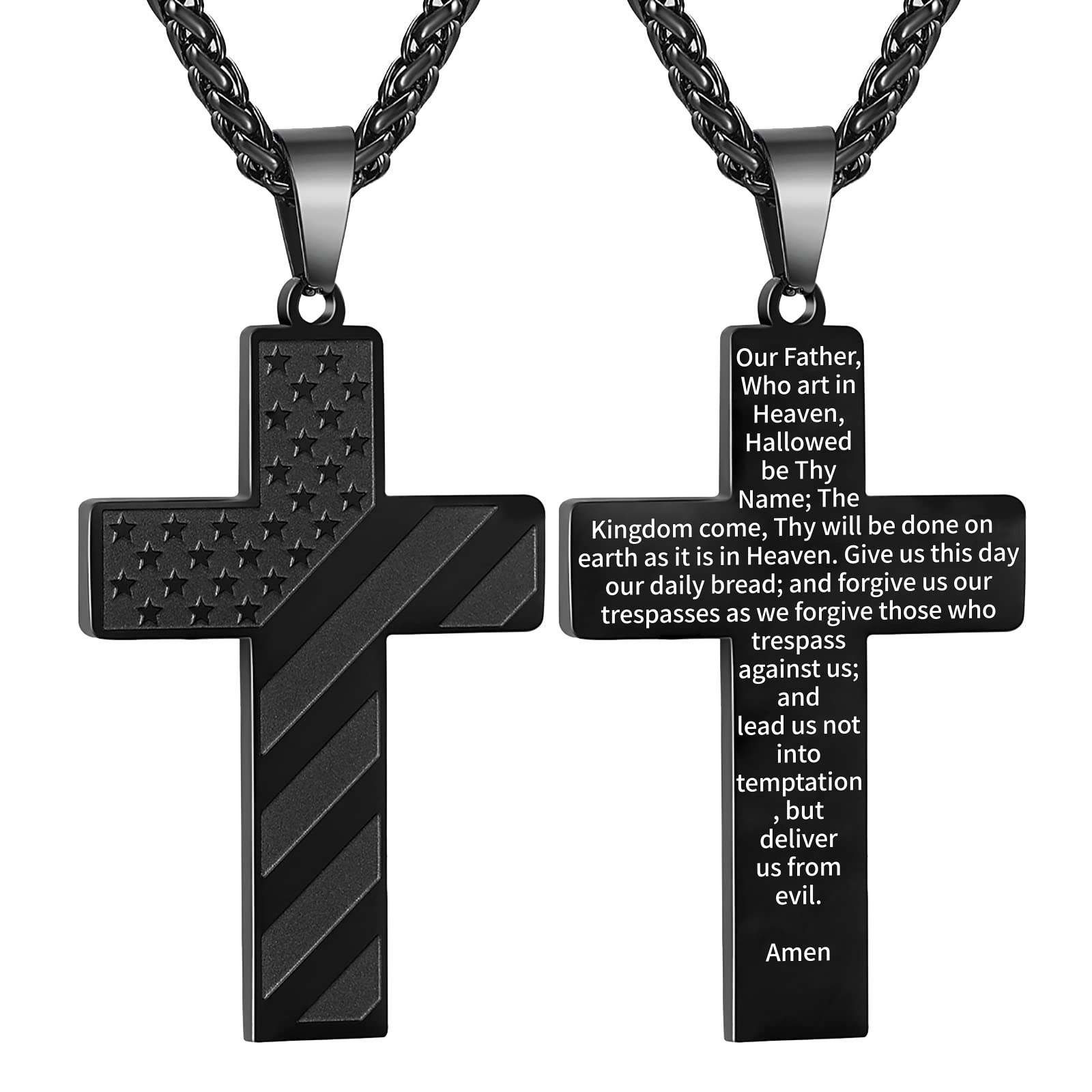 18+2 Inch Stainless Steel Cross Necklace with Bible Verse & American Flag Pendant - Religious Jewelry Gift for Men, Boys, Teens - Perfect for Easter, Graduation, Baptism & Daily Wear