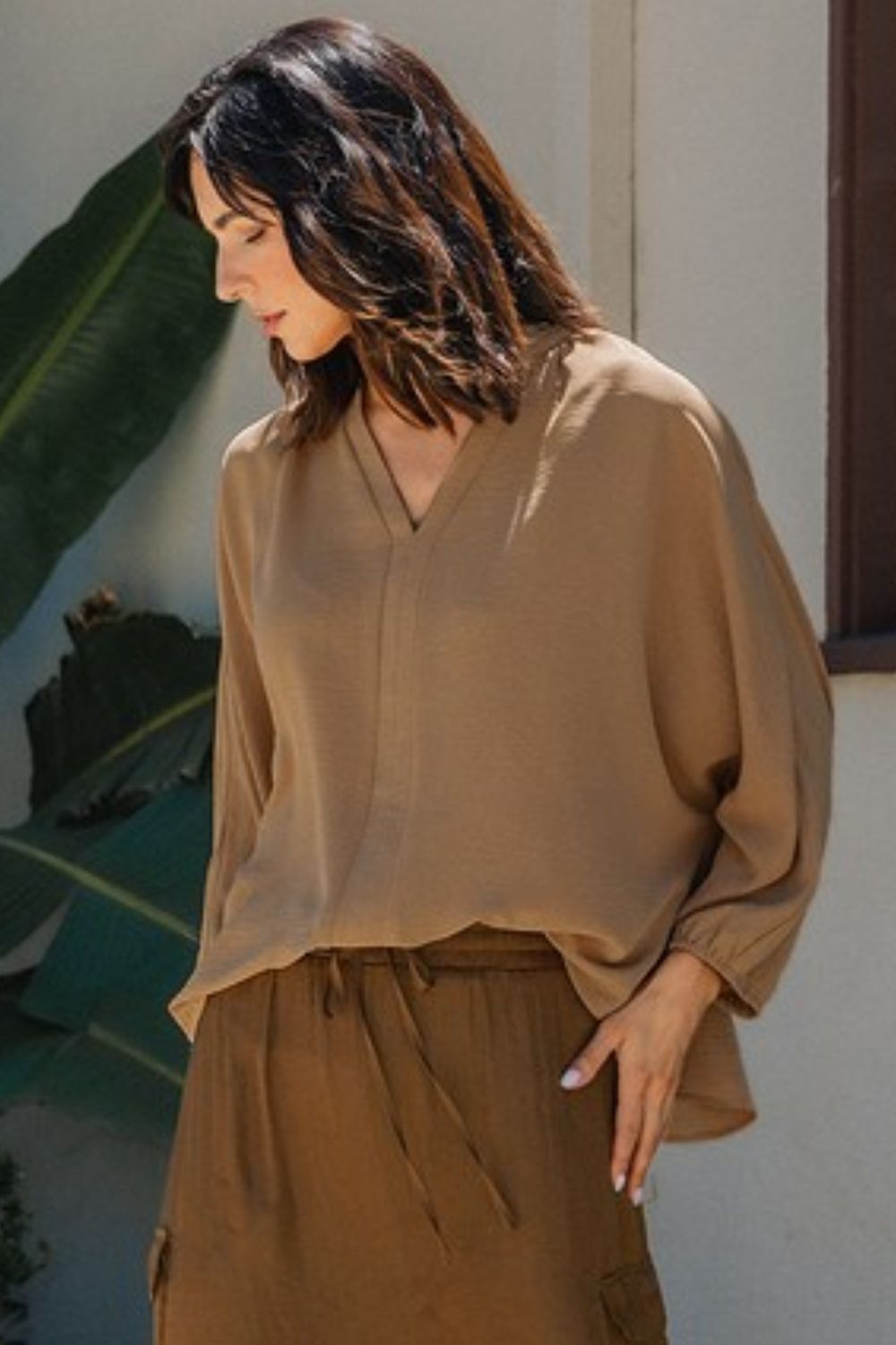 Stylish Camel Batwing Sleeve Resort Blouse for Women - Boho Chic Loose Fit Top for Beach Vacation, Summer Outings & Casual Wear