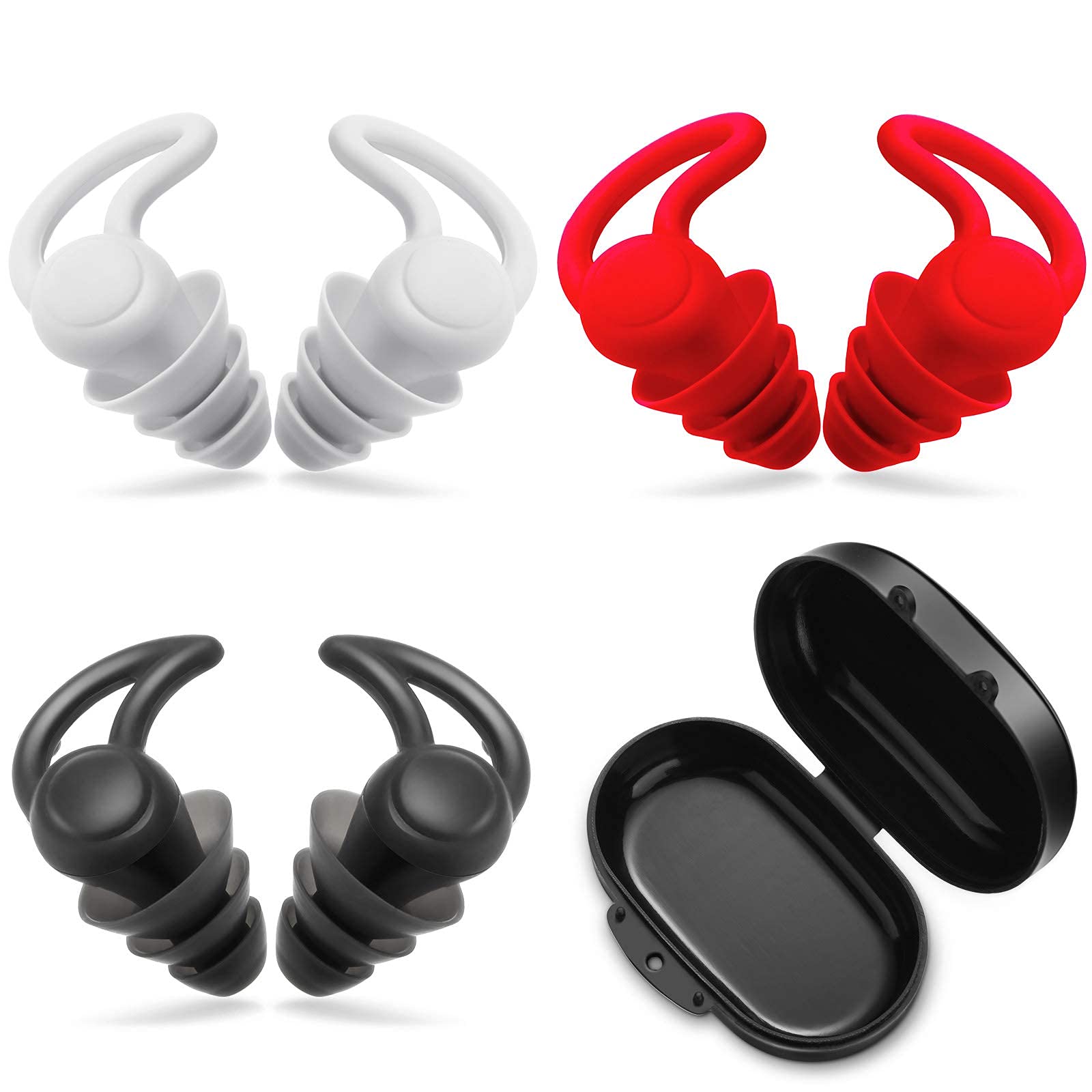 BACTIM 3 Pack Reusable Noise Cancelling Ear Plugs - Soft Silicone Hearing Protection for Sleeping, Shooting, Travel & Work - Includes Storage Case (Black, Grey, Red) - Perfect for Concerts, Motorcycles & Studying