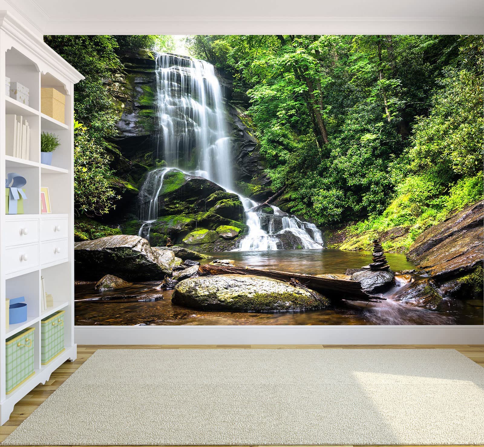 195''x120'' Cascading Waterfalls in Forest Wall Mural - Large Non-Adhesive Wallpaper for Bedroom, Living Room & Kids Room Decor | Perfect for Nature-Themed Home Interiors & Relaxing Spaces