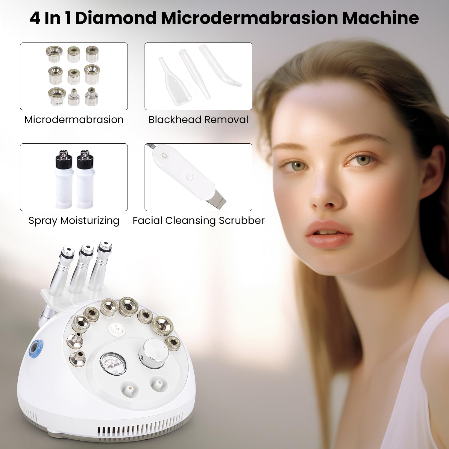 Professional 4-in-1 Diamond Microdermabrasion Machine with Skin Scrubber - At-Home & Salon Facial Exfoliation Device for Glowing Skin - Perfect for Anti-Aging, Blackhead Removal & Skin Rejuvenation
