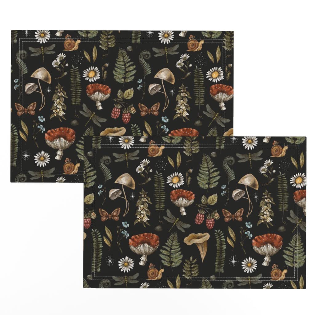 Spoonflower Linen Cotton Canvas Placemats Set of 2 - Vintage Mushroom Black Woodland Print with Fern Moth Dragonfly Design for Dining Table Decor, Kitchen, Picnic & Home Decor
