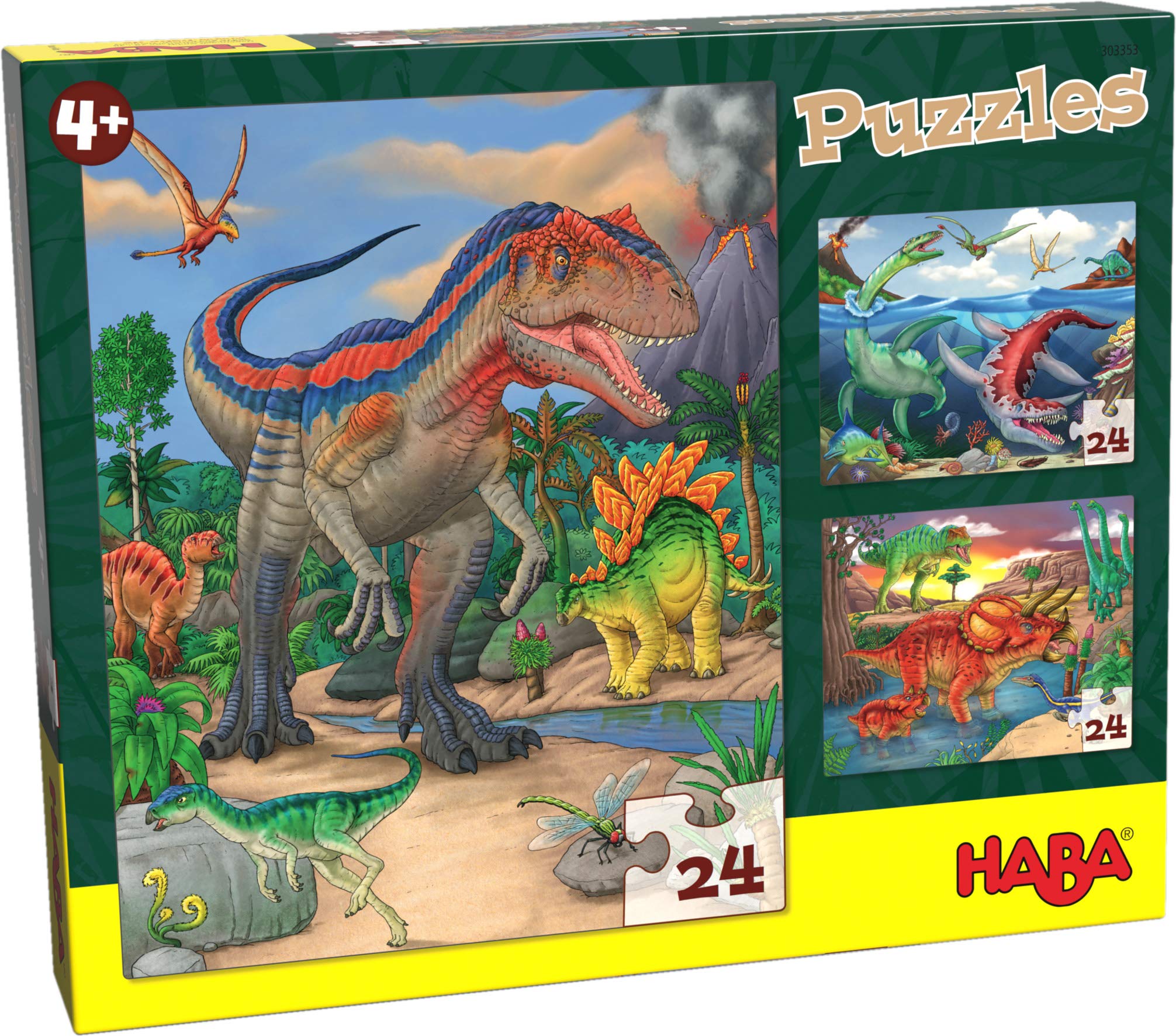 HABA Dinosaur Puzzles for Kids - 3 Pack of 24-Piece Jigsaw Puzzles with 3 Dinosaur Themes - Educational Toys for Children Ages 4+ (303377) - Perfect for Birthday Gifts, Preschool Learning & Family Game Night