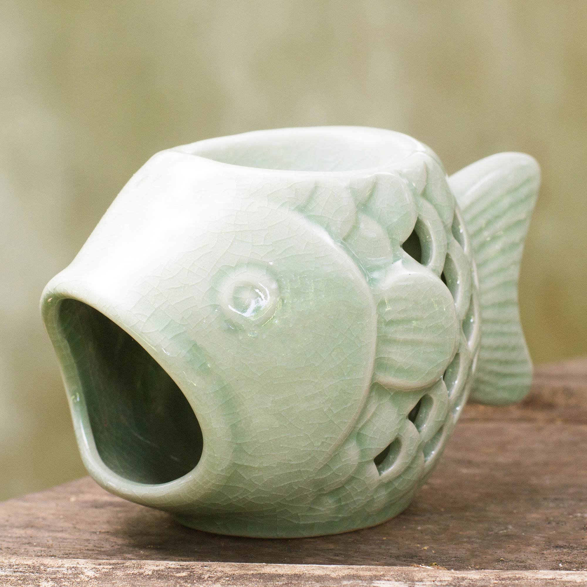 NOVICA Hello Fish Ceramic Oil Warmer - Aromatherapy Diffuser for Home, Office & Spa - Handmade Decorative Essential Oil Burner with Relaxing Scents