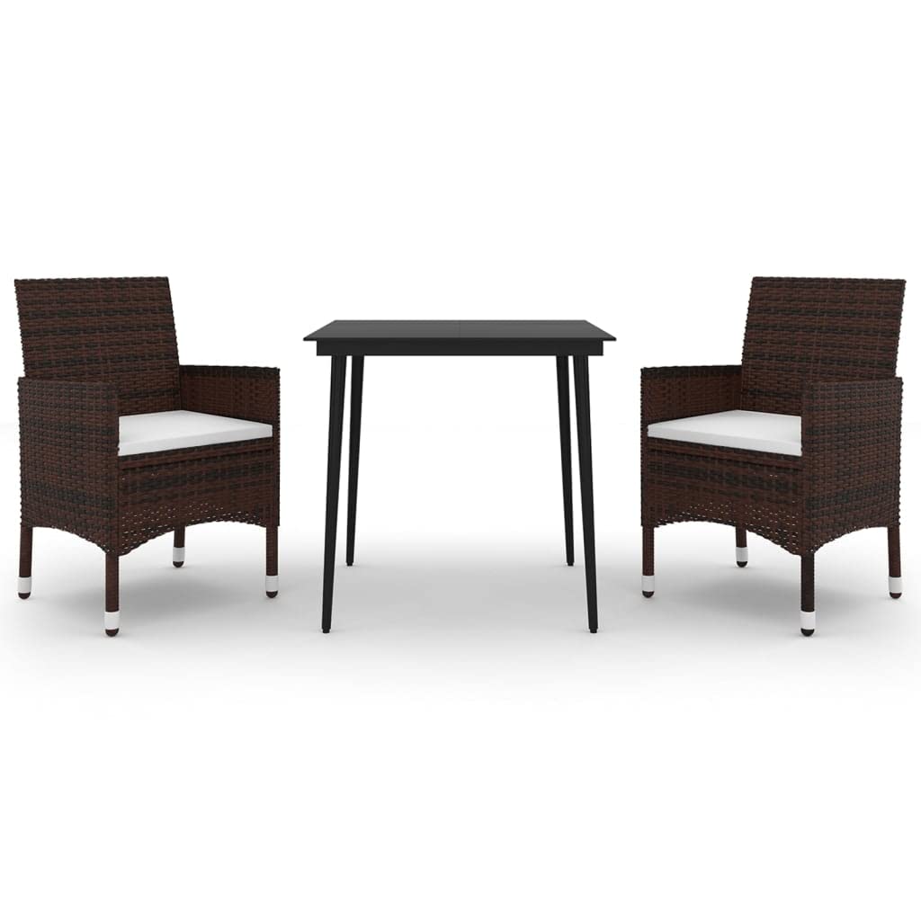 vidaXL 3-Piece Patio Dining Set - Durable Powder-Coated Steel Frame with Poly Rattan Chairs & Tempered Glass Table - Weather-Resistant Outdoor Furniture Set with Cushions (Brown/Cream/Black) - Perfect for Backyard, Garden, Poolside & Patio Dining