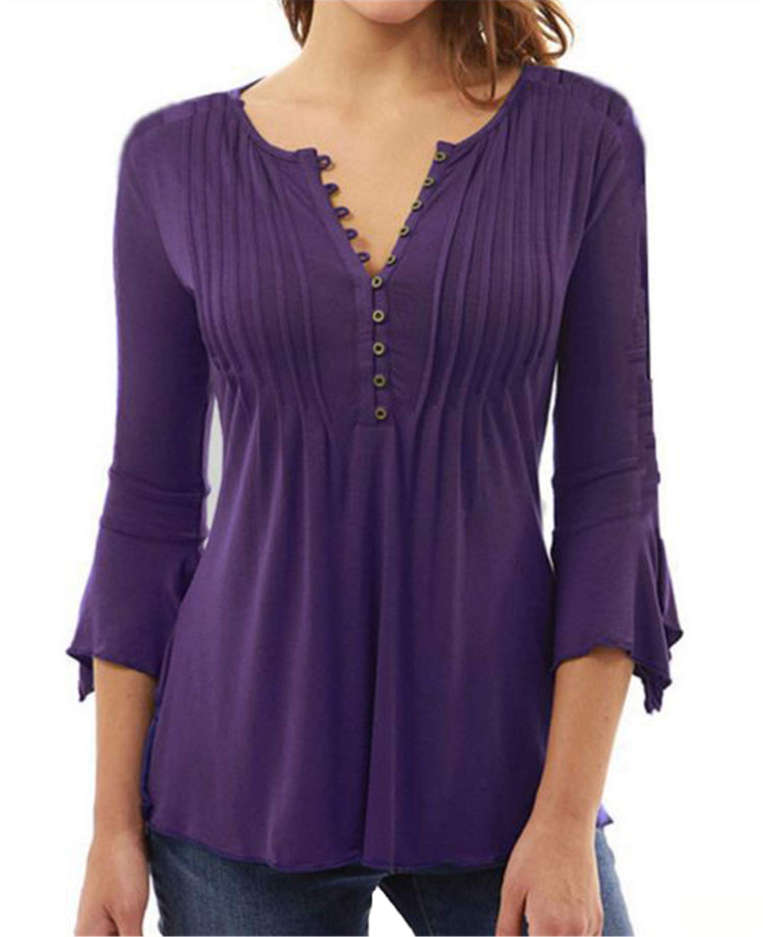 Women's Loose Fit Long Sleeve V-Neck Button Up Tunic Top - Pleated Blouse for Casual Wear & Office Outfits | Comfortable T-Shirt Style Tops for Everyday Fashion