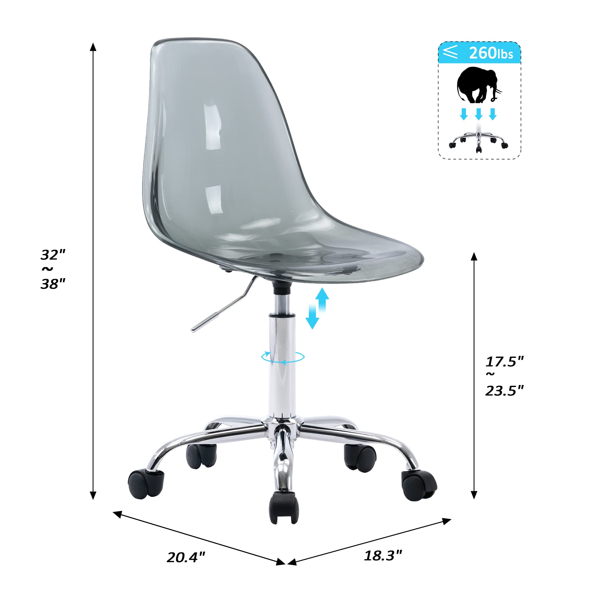 HOMEFUN Clear Acrylic Rolling Desk Chair - Armless Swivel Height Adjustable Ghost Plastic Office Chair with Wheels for Home & Vanity Use, Black - Perfect for Modern Workspaces & Beauty Stations