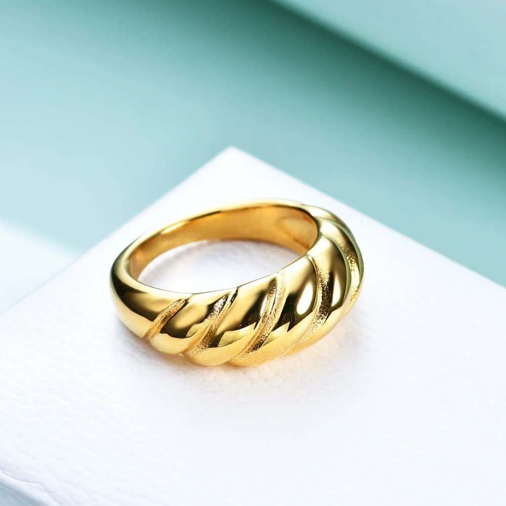 14K Gold Plated Croissant Dome Ring - Twisted Braided Chunky Signet Ring for Women | Stackable Fashion Jewelry for Everyday Wear, Parties & Special Occasions