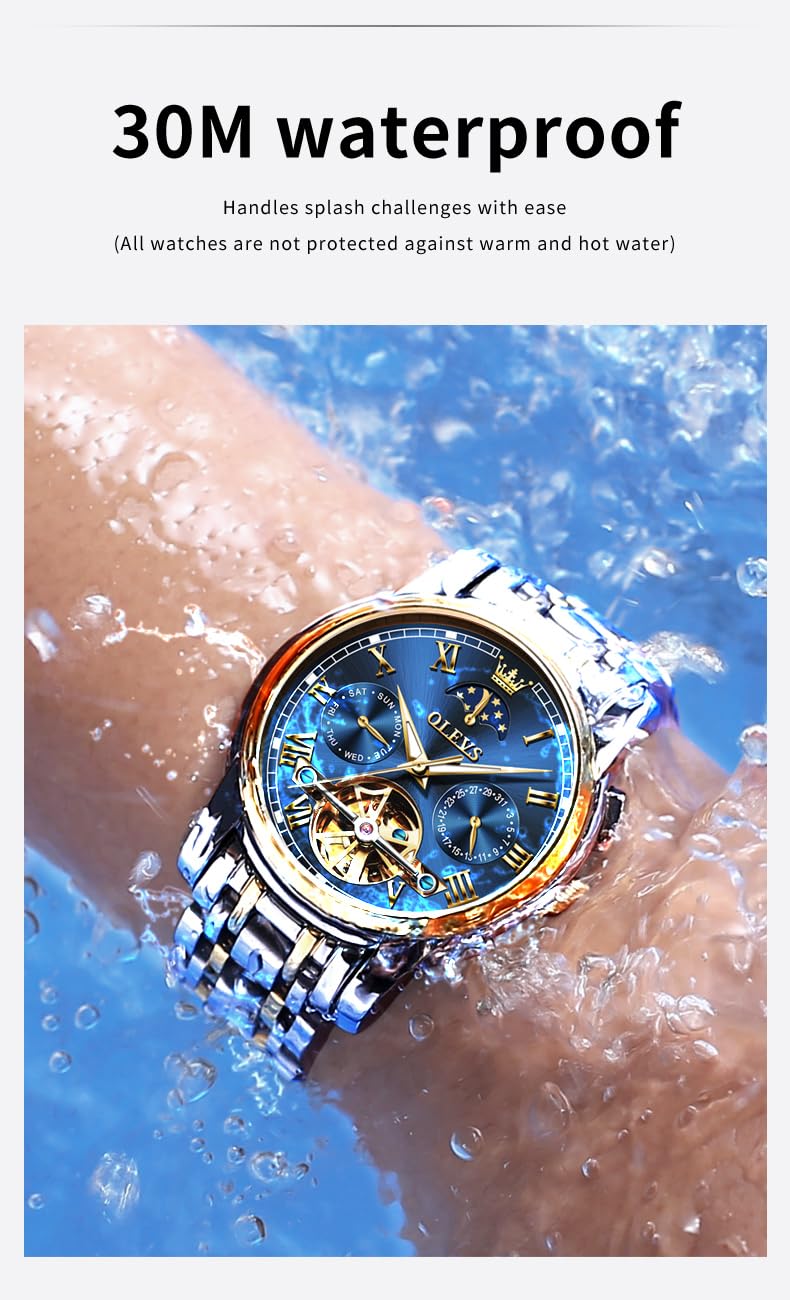 OLEVS Automatic Self-Winding Men's Watch with Date & Day Display - Stainless Steel Skeleton Tourbillon Watch - Waterproof Mechanical Watch for Men | Perfect for Business, Formal Events & Daily Wear