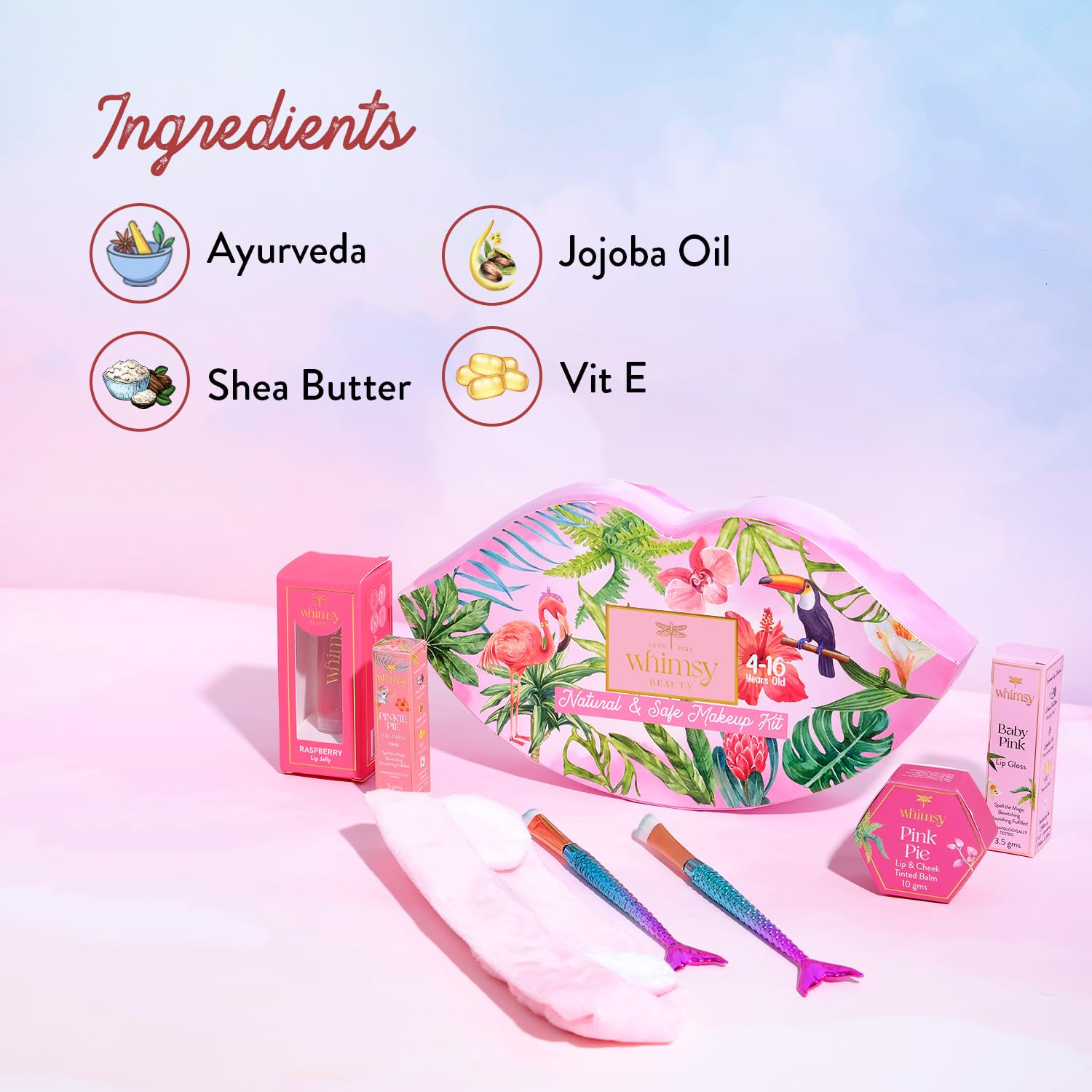 Whimsy Liplicious Beauty Kit for Girls, Preteens & Teens | 7-Piece Set with Lip & Cheek Tint, Lip Balm, Lip Gloss, 2 Mermaid Brushes, Hair Band & Lip Jelly | Perfect for Birthday Gifts, Sleepovers & Makeup Playtime