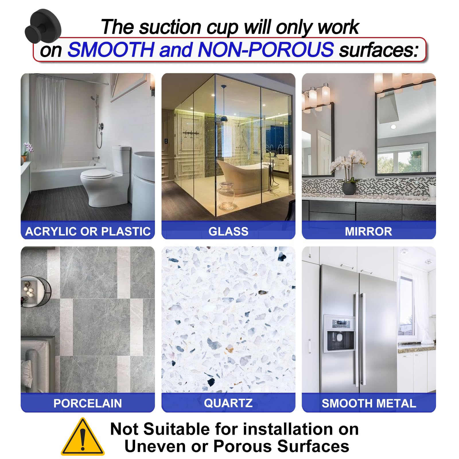 Strong Suction Cup Hooks for Shower, Bathroom & Kitchen - Removable Adhesive Hooks for Towels, Robes & Organizing on Glass, Tile & Walls (2-Pack, Black) - Perfect for Hanging Bath Accessories & Kitchen Utensils