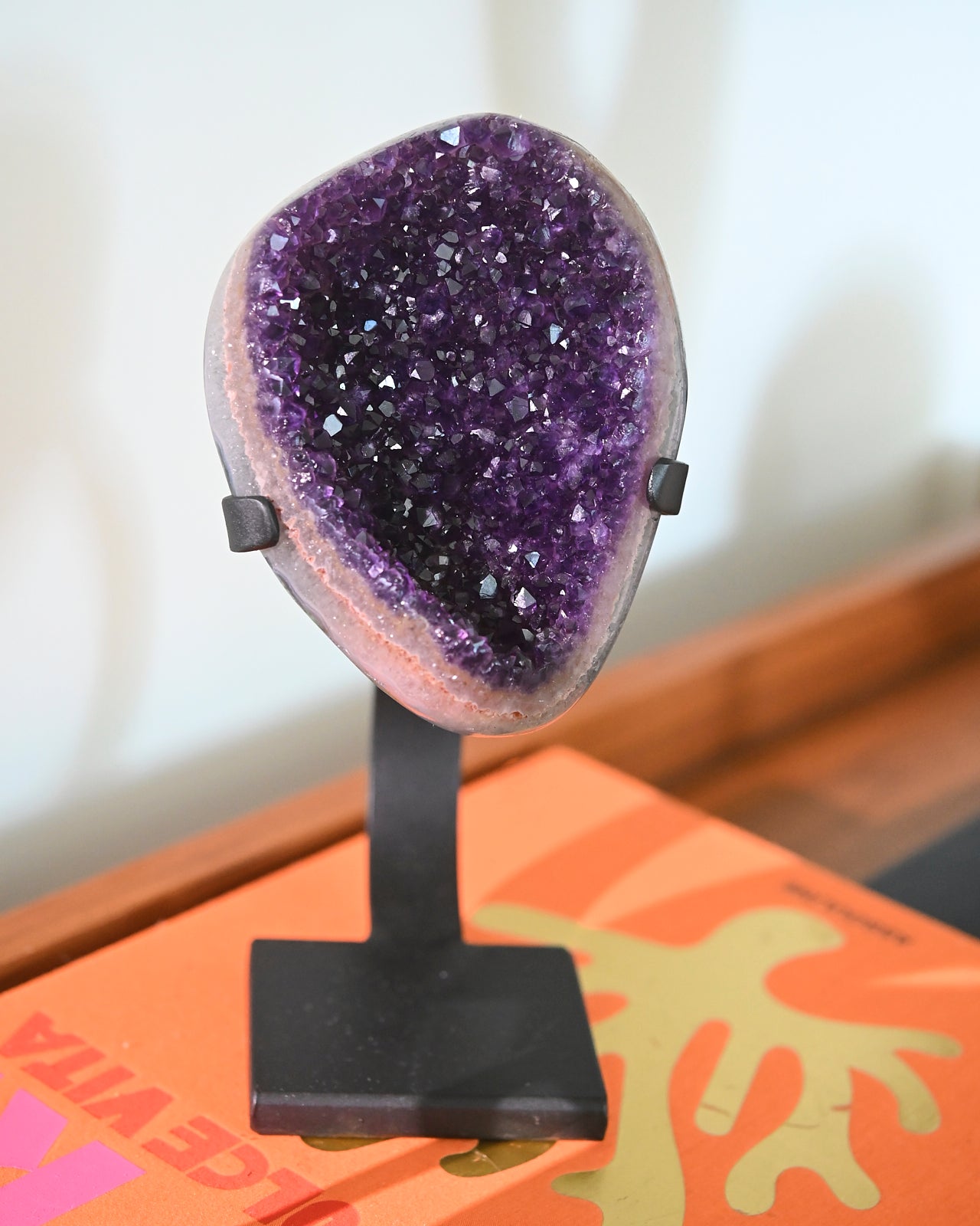 Natural Amethyst Crystal Geode on Wooden Stand - 3.6lbs Healing Stone for Home Decor, Meditation & Spiritual Gifts