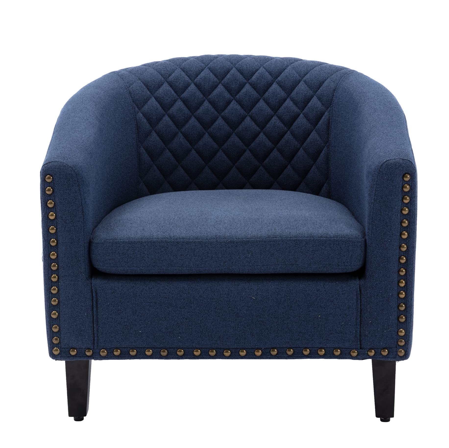 TehRecBT Modern Barrel Accent Chair with Arms - Solid Wood Legs & Nailhead Trim Upholstered Linen Fabric Club Chair for Living Room, Bedroom, Reading Nook - Navy Blue Linen Sofa Chair for Home Office & Lounge Areas