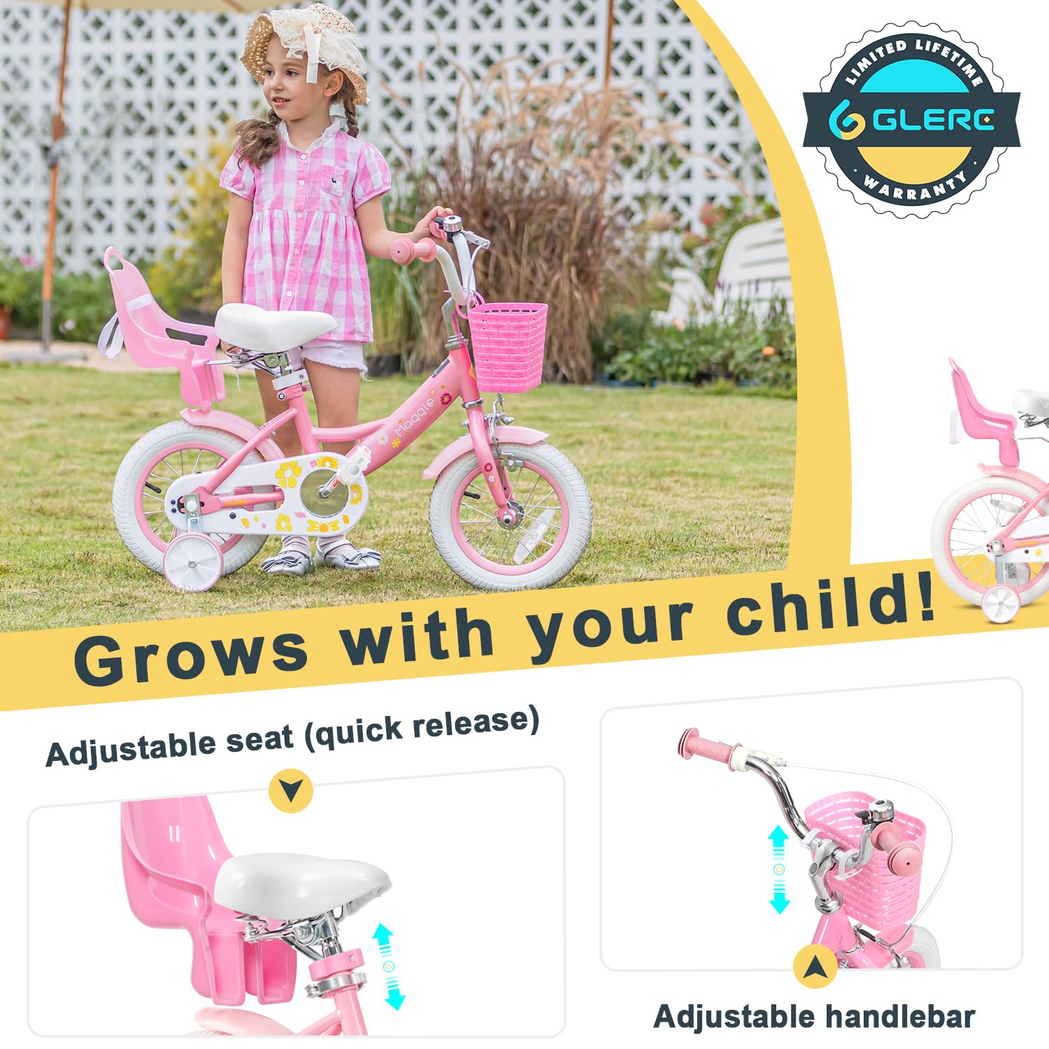 **Maggie Girls Bike - 12-20 Inch Kids Bicycle for Ages 2-13, Princess Style with Doll Seat, Basket & Training Wheels - Multiple Colors - Perfect for Outdoor Play, Birthday Gifts & Learning to Ride**