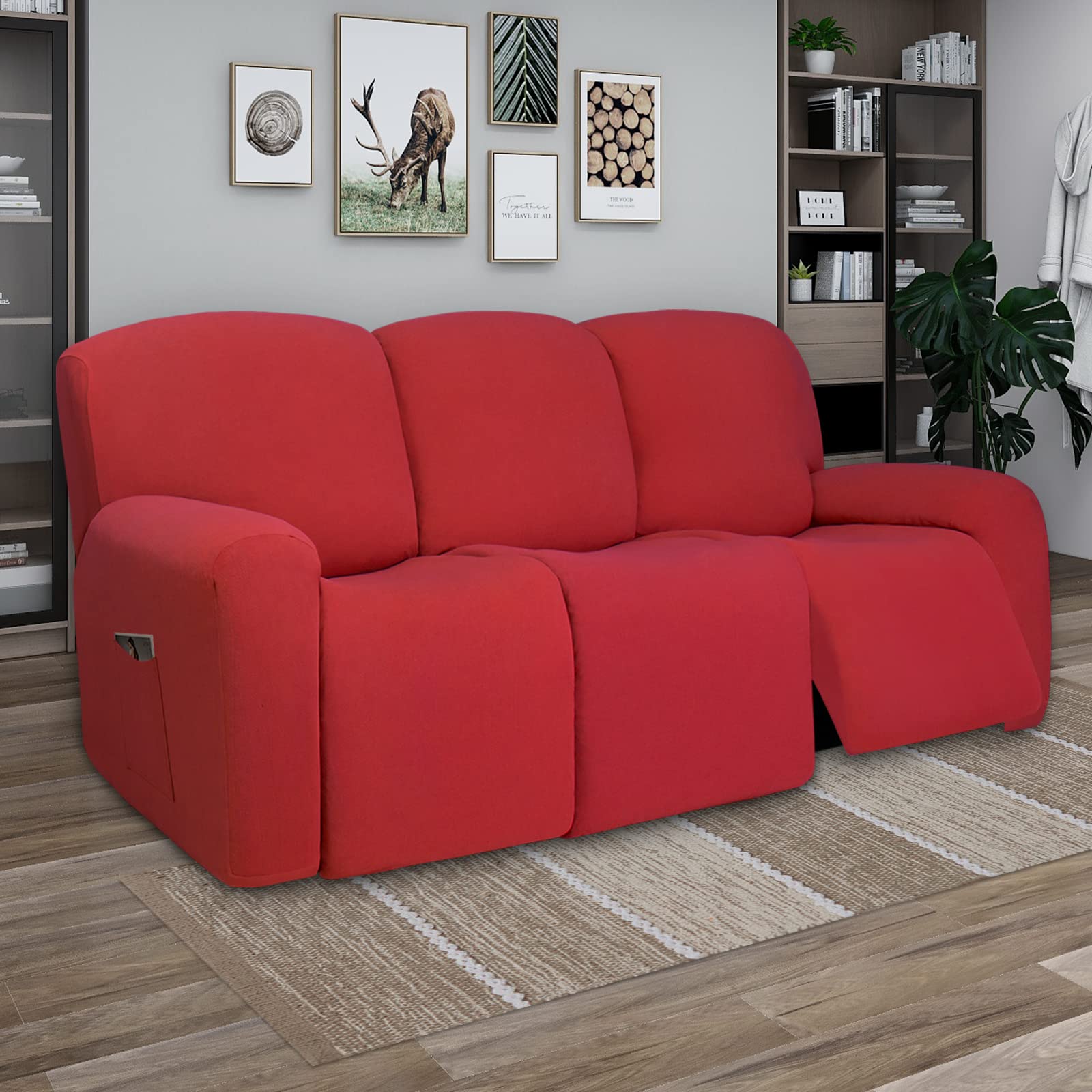 PureFit Super Stretch 3-Seater Recliner Sofa Cover with Pockets - Non-Slip Soft Washable Spandex Slipcover for Reclining Furniture Protection (Red) | Perfect for Homes with Kids & Pets, Living Room Furniture Protection