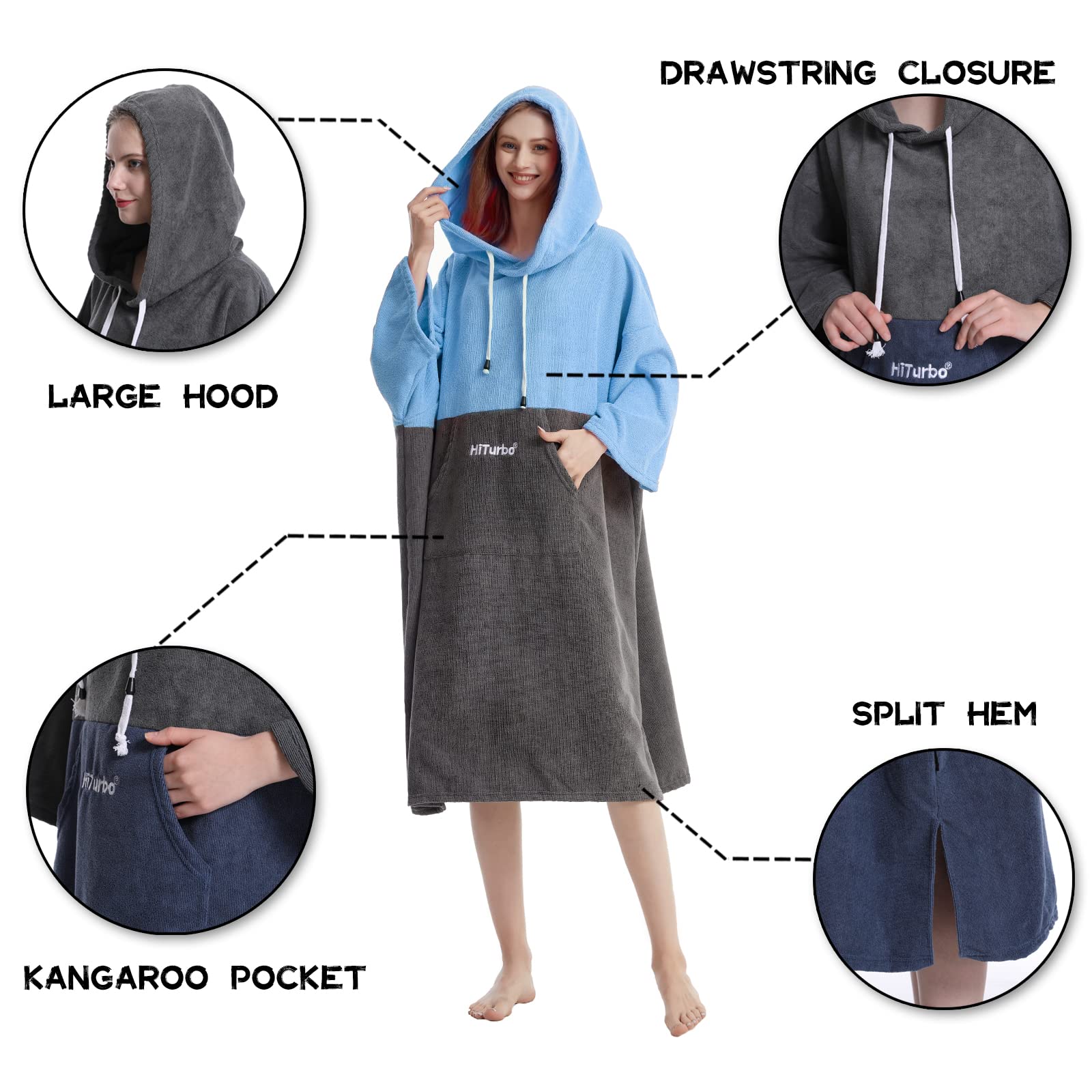 Hiturbo Quick Dry Changing Robe - 3/4 Sleeve Microfiber Hooded Towel Poncho for Surfing, Swimming & Beach - Absorbent After Swim Cover Up for Men & Women - Perfect for Surfers, Swimmers & Outdoor Activities