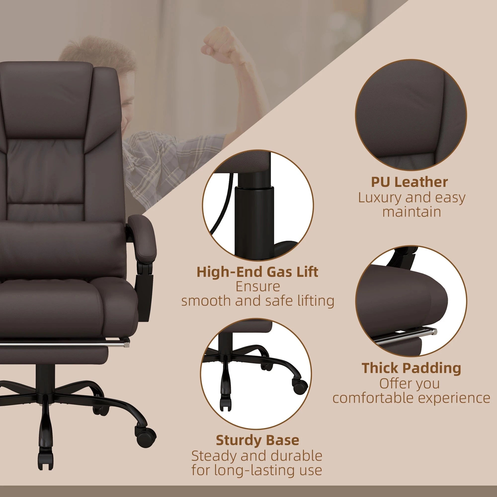 6-Point Vibration Massage Faux Leather Office Chair - Brown Ergonomic Executive Chair for Home & Office Use - Perfect for Long Work Hours & Back Pain Relief