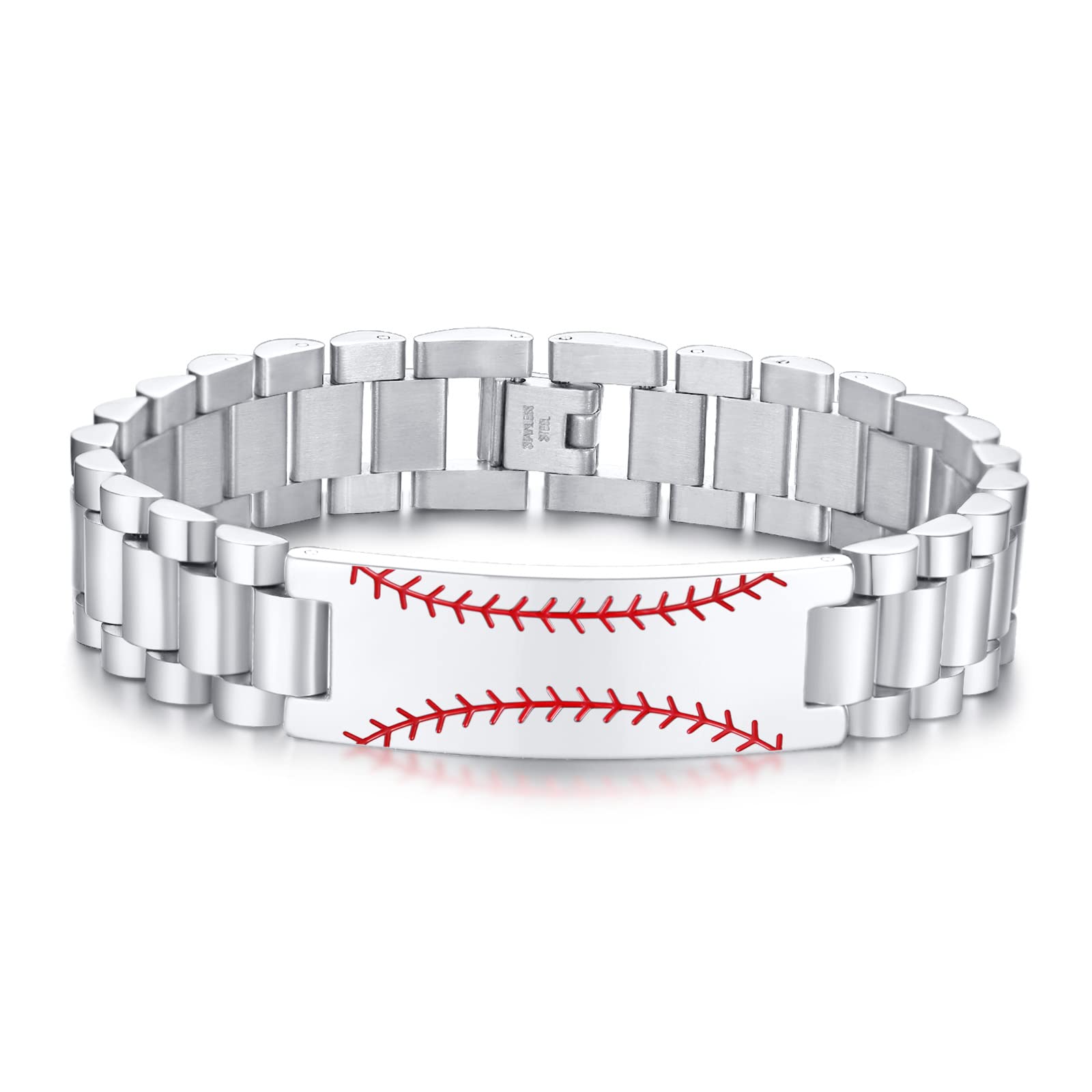 Men's Baseball Bracelet with Red Stitching - Stainless Steel Sport Wristband for Men, Husband & Dad - Perfect Gift for Baseball Players, Coaches & Sports Fans - Great for Games, Training & Everyday Wear
