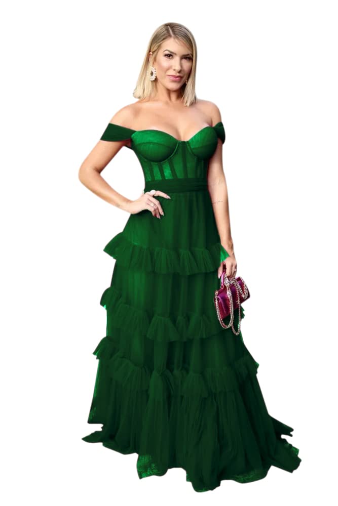 Elegant Off Shoulder Corset Prom Dress for Women - Ruffled Tulle A-Line Evening Gown for Formal Parties, Homecoming, Weddings & Special Occasions
