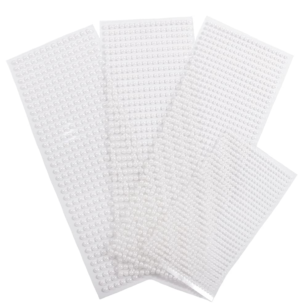 3D White Pearl Rhinestone Stickers - 2800PCS Flatback Pearls for Eye Gems, Face Jewels & Nail Art Decor | Self-Adhesive Body Crystal Diamonds for Women & Girls | Perfect for Parties, Cosplay & DIY Makeup (4 Sheets, White)