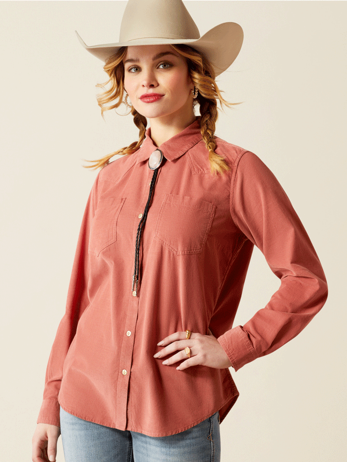 Ariat Women's Billie Jean Corded Shirt - Light Mahogany Western Plaid Top for Cowgirl Style | Perfect for Rodeo, Ranch Work & Country Fashion