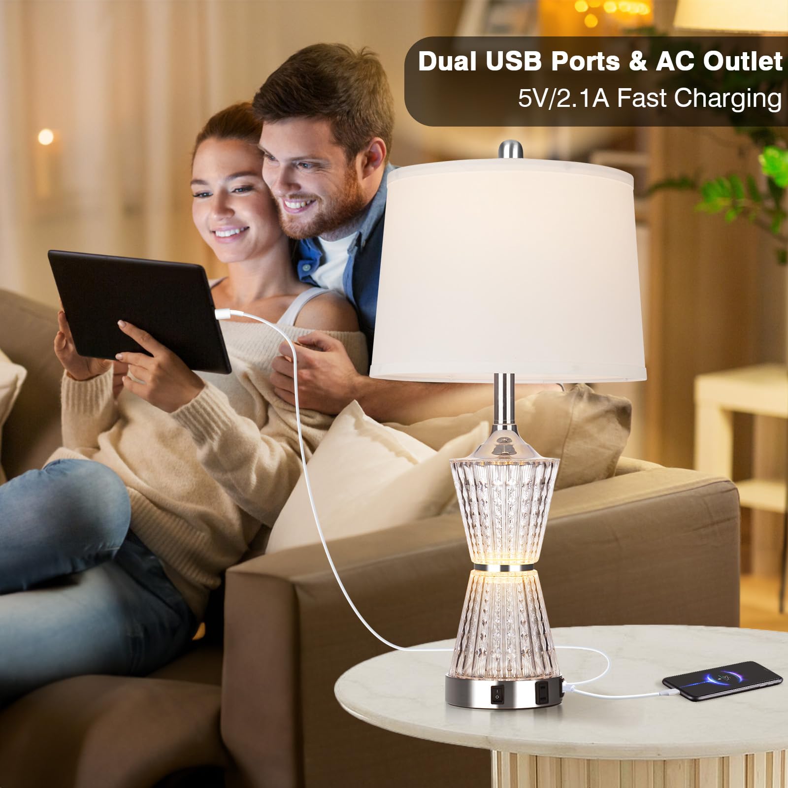 Modern LED Table Lamps Set of 2 with USB Charging Ports & AC Outlet - White Shade Nightstand Lamps for Bedroom, Living Room, Office - Includes Energy Efficient Bulbs (Perfect for Reading, Charging Devices & Ambient Lighting)