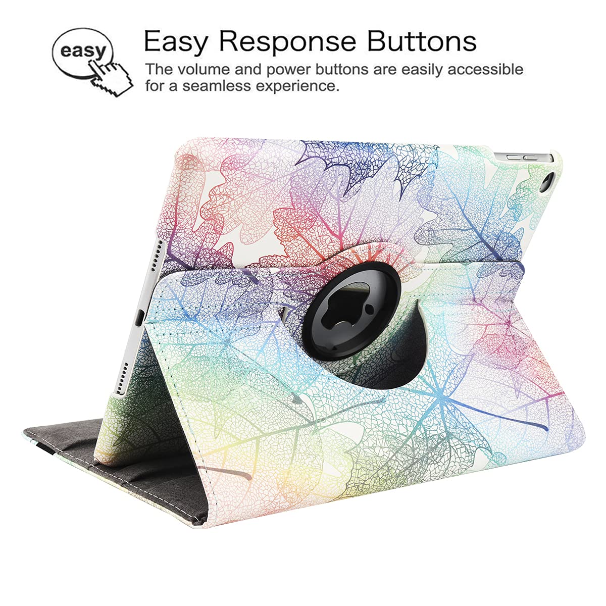 Premium 360° Rotating Multi-Angle Stand Case for iPad 9.7 5th/6th Gen (2017/2018), iPad Air 2 & Air 1 - Auto Sleep/Wake, Durable Folio Cover with Colorful Leaves Design - Perfect for Work, Study & Entertainment