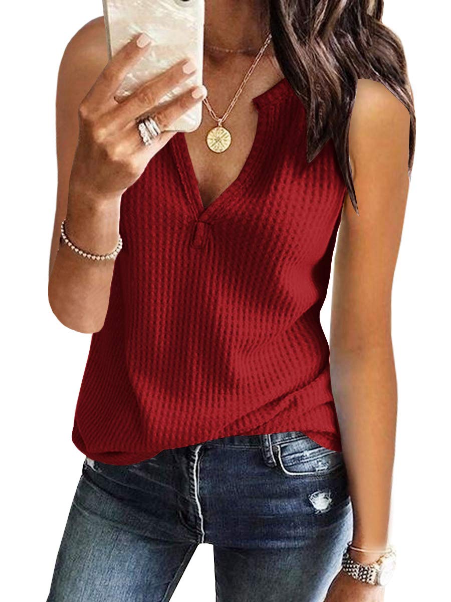 Women's V-Neck Waffle Knit Tank Tops - Summer Casual Sleeveless Loose Fit Tee Shirts for Beach, Yoga & Everyday Wear
