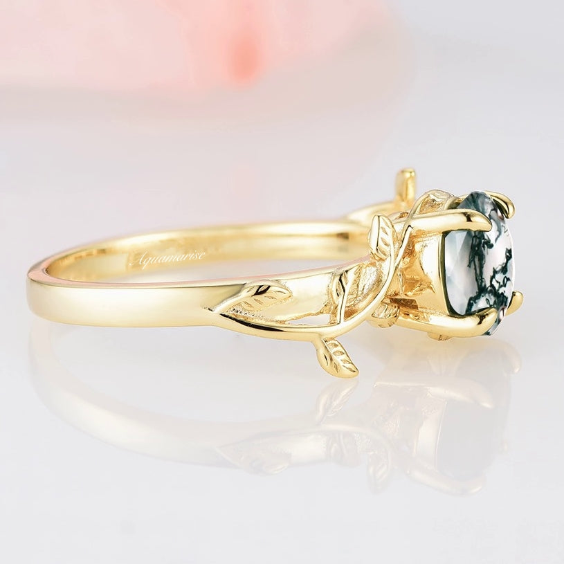 Natural Moss Agate Leaf Engagement Ring - 14K Yellow Gold Vermeil Wedding Band for Women, Nature-Inspired Jewelry for Brides, Anniversary Gifts & Boho Style Accessories | Perfect for Outdoor Weddings, Beach Proposals & Everyday Boho Fashion