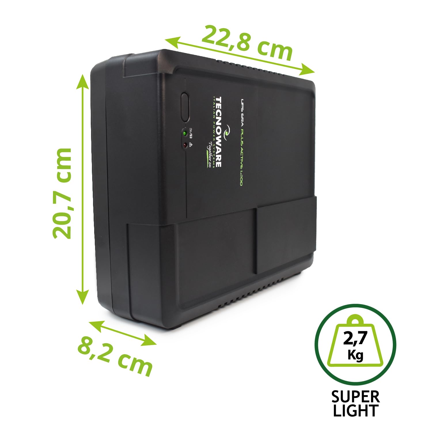 Tecnoware Power Systems - UPS ERA PLUS ACTIVE 1200VA, 1200VA Uninterruptible Power Supply with Active PFC for PC, Mac, Gaming Console, AVR Protection | USB Port | Silent Operation | Black Design | Ideal for Home Office, Gaming Setup & Electronics Protection