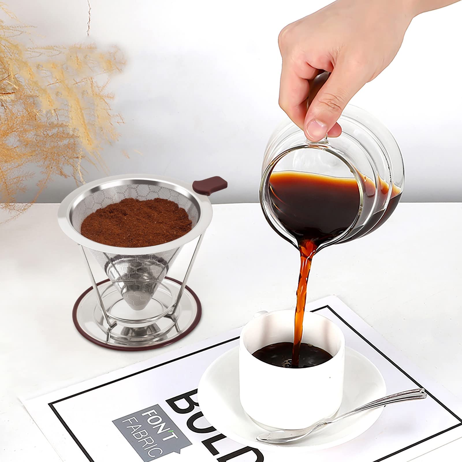 MISETTO Stainless Steel Pour Over Coffee Dripper - Reusable Paperless Coffee Filter with Removable Cup, Easy to Clean Cone Coffee Maker for Home, Office & Camping Use