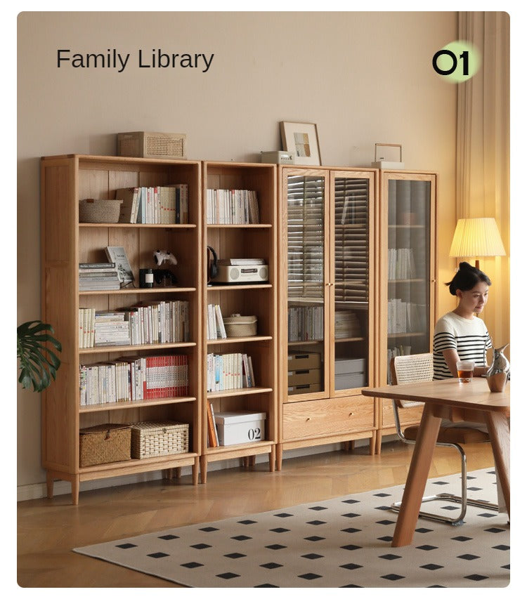 Oak Solid Wood Modern Glass Door Bookcase - Stylish Bookshelf for Living Room, Office & Library - Perfect for Home Decor & Book Storage